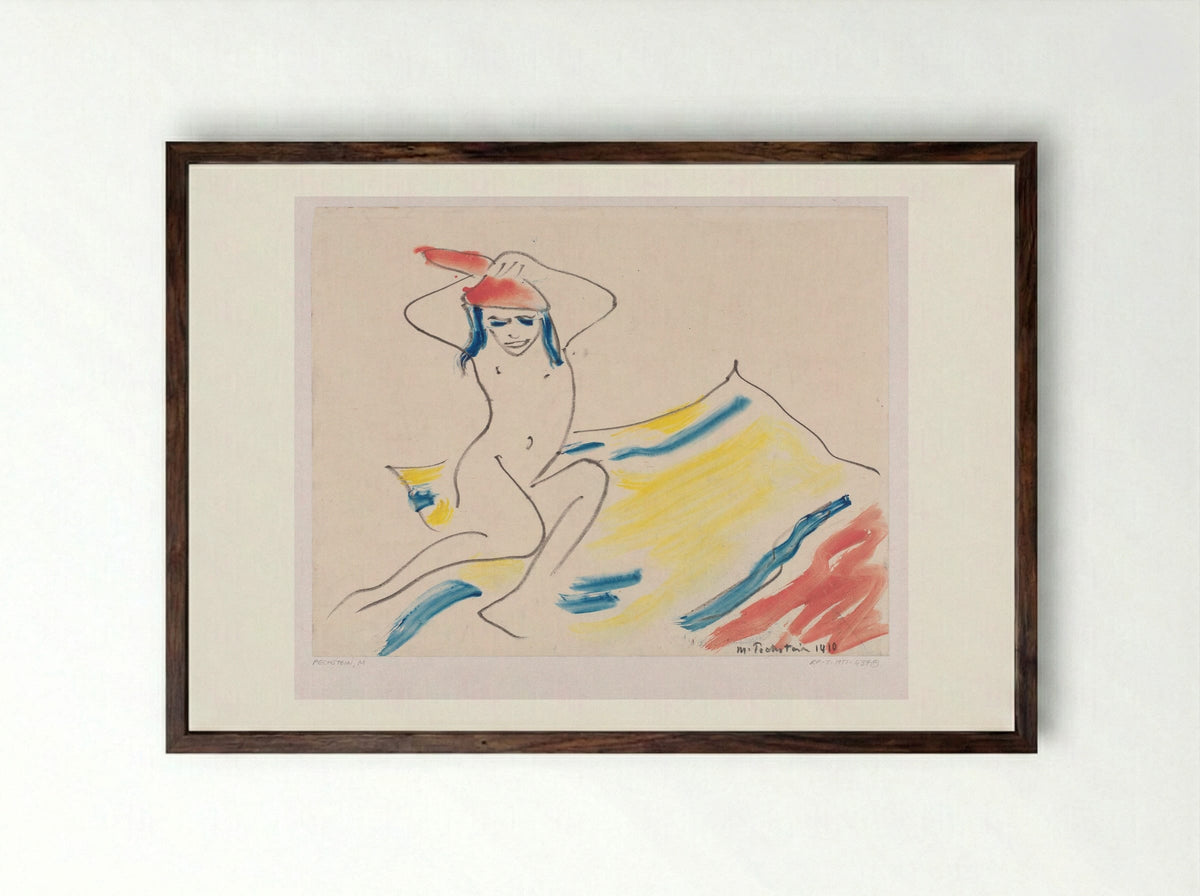 Zittend naakt meisje op een gekleurd gestreepte mat - Max Pechstein - Framed Print Dark Wood