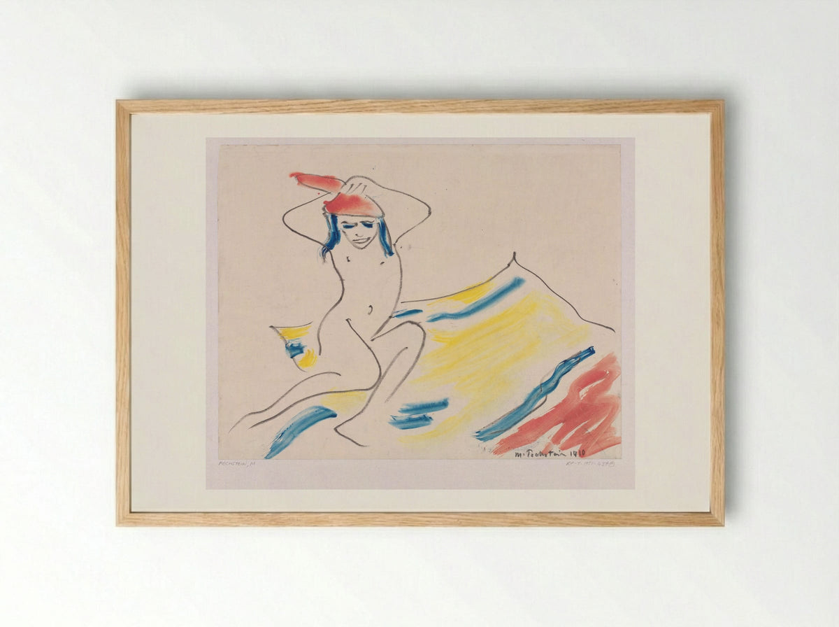 Zittend naakt meisje op een gekleurd gestreepte mat - Max Pechstein - Framed Print Wood
