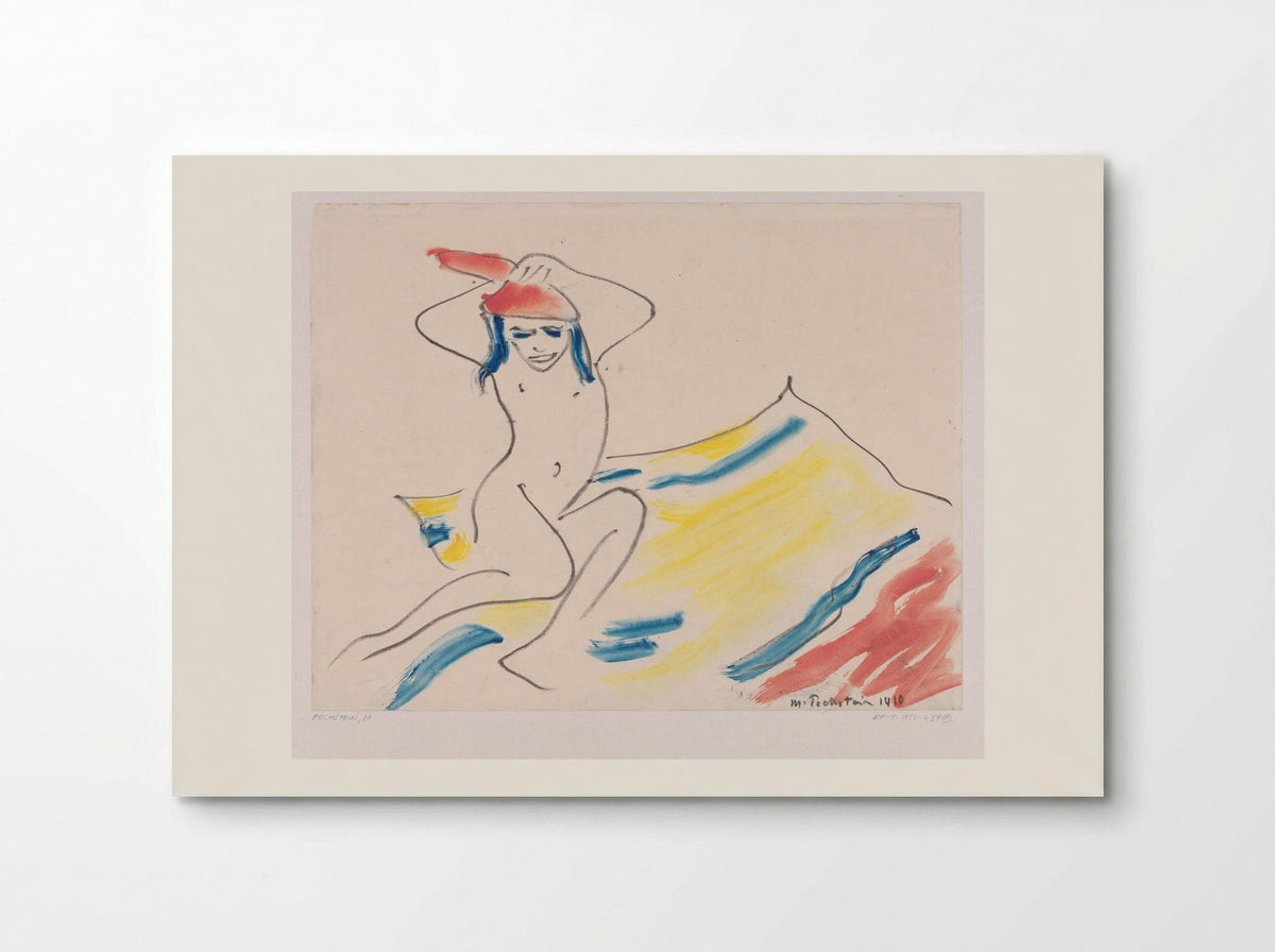 Zittend naakt meisje op een gekleurd gestreepte mat - Max Pechstein - Poster