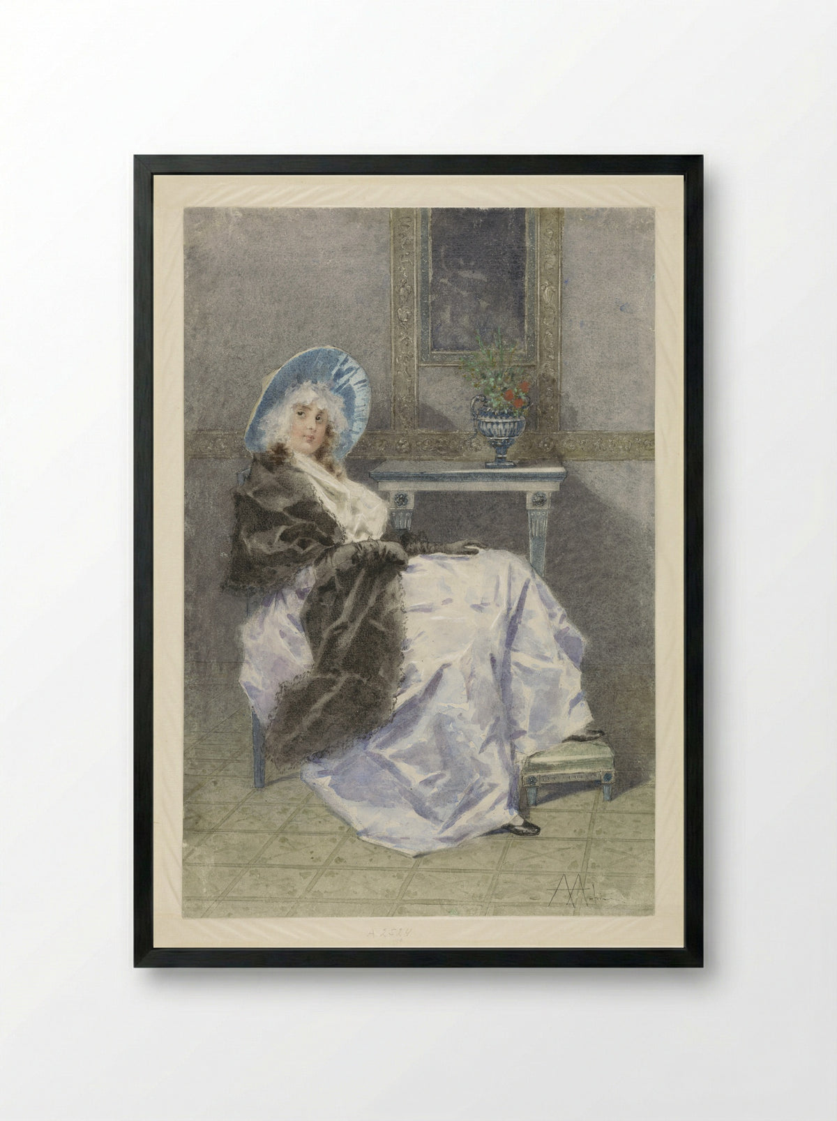 Zittende jonge vrouw met zwarte shawl en paarse rok - Angelo Achini - Framed Print Black
