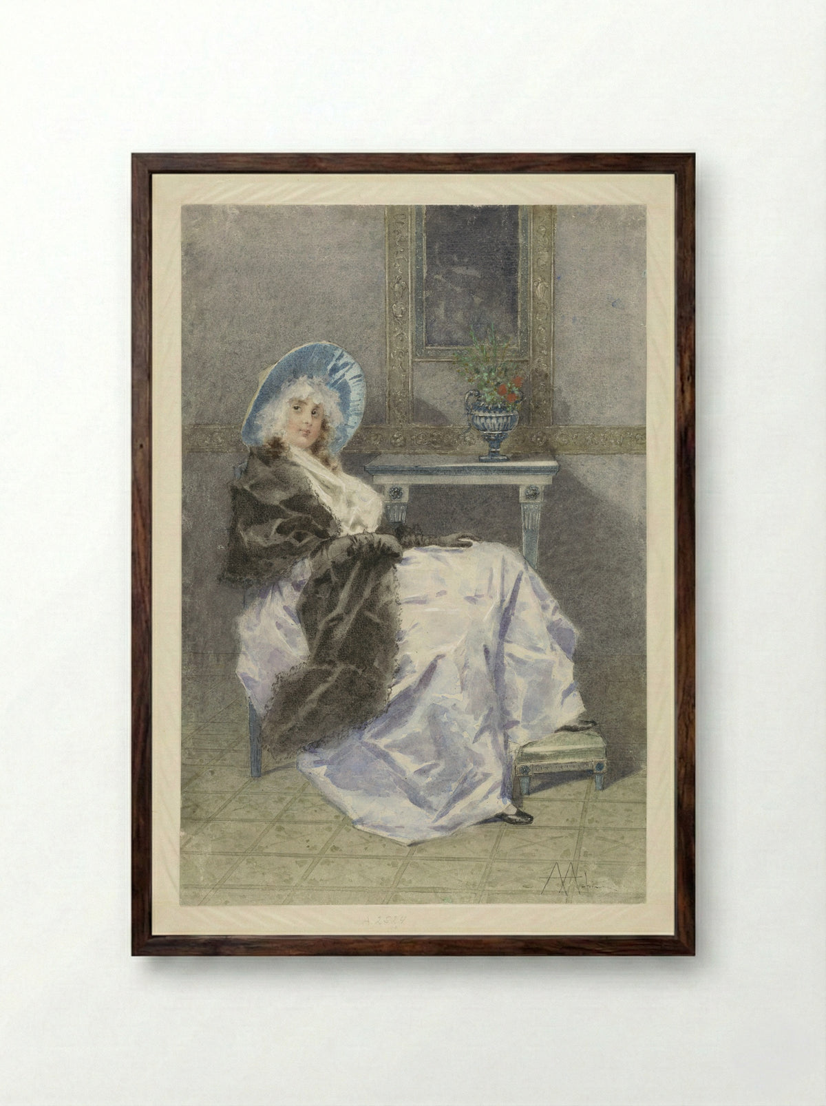 Zittende jonge vrouw met zwarte shawl en paarse rok - Angelo Achini - Framed Print Dark Wood