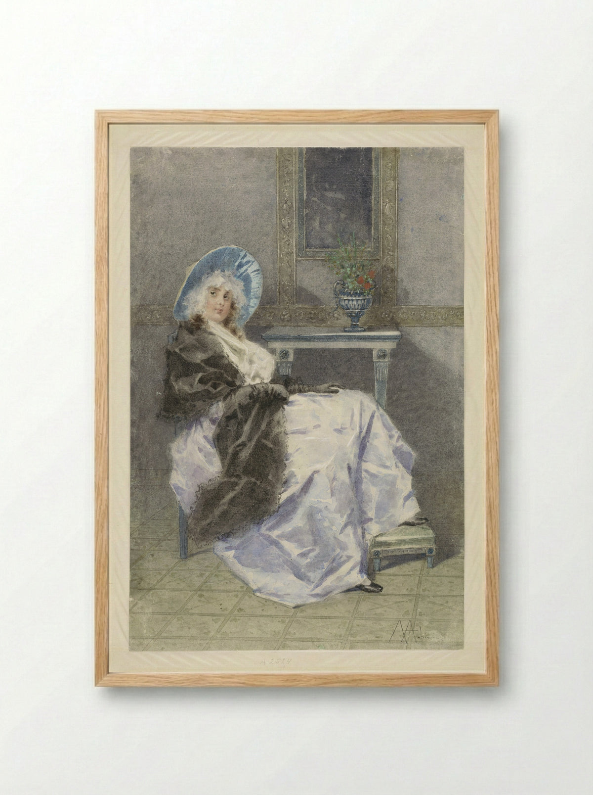 Zittende jonge vrouw met zwarte shawl en paarse rok - Angelo Achini - Framed Print Wood