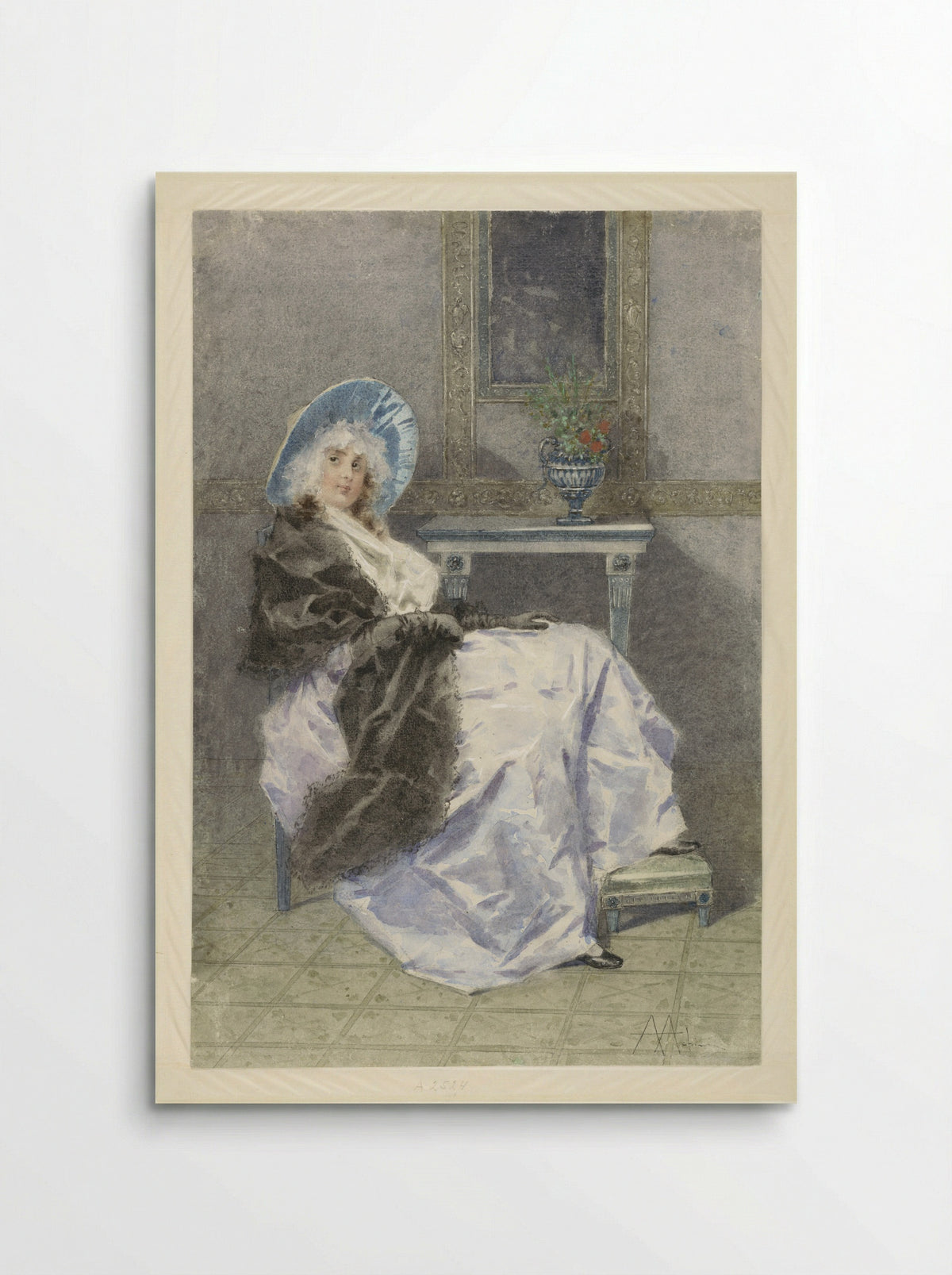 Zittende jonge vrouw met zwarte shawl en paarse rok - Angelo Achini - Poster