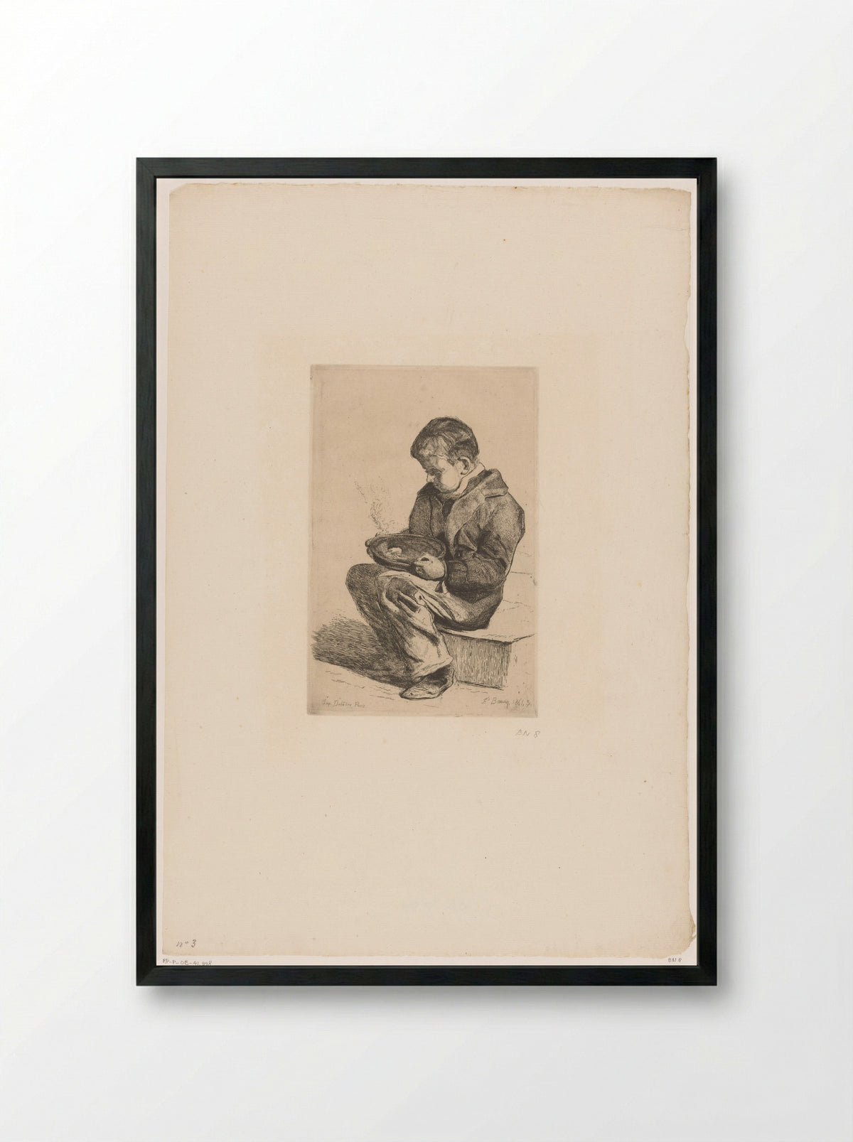Zittende jongen met een kom soep - François Bonvin - Framed Print Black
