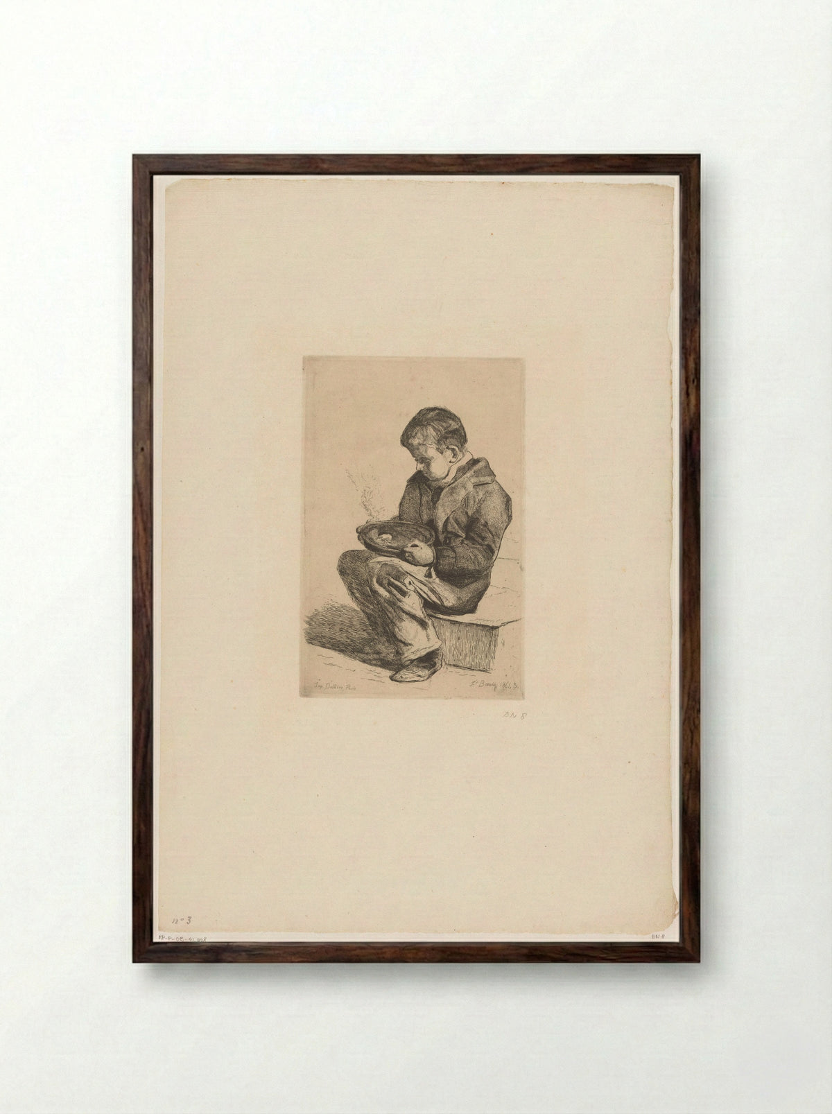 Zittende jongen met een kom soep - François Bonvin - Framed Print Dark Wood