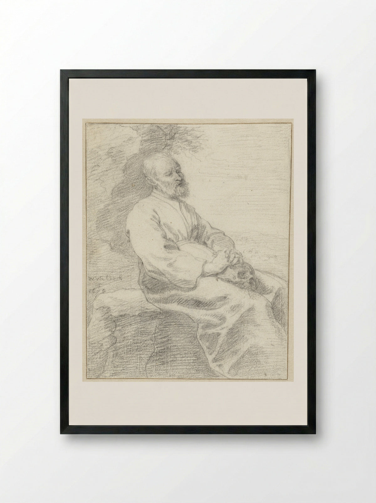 Zittende kluizenaar met op zijn schoot een schedel - W. Verbeeck - Framed Print Black