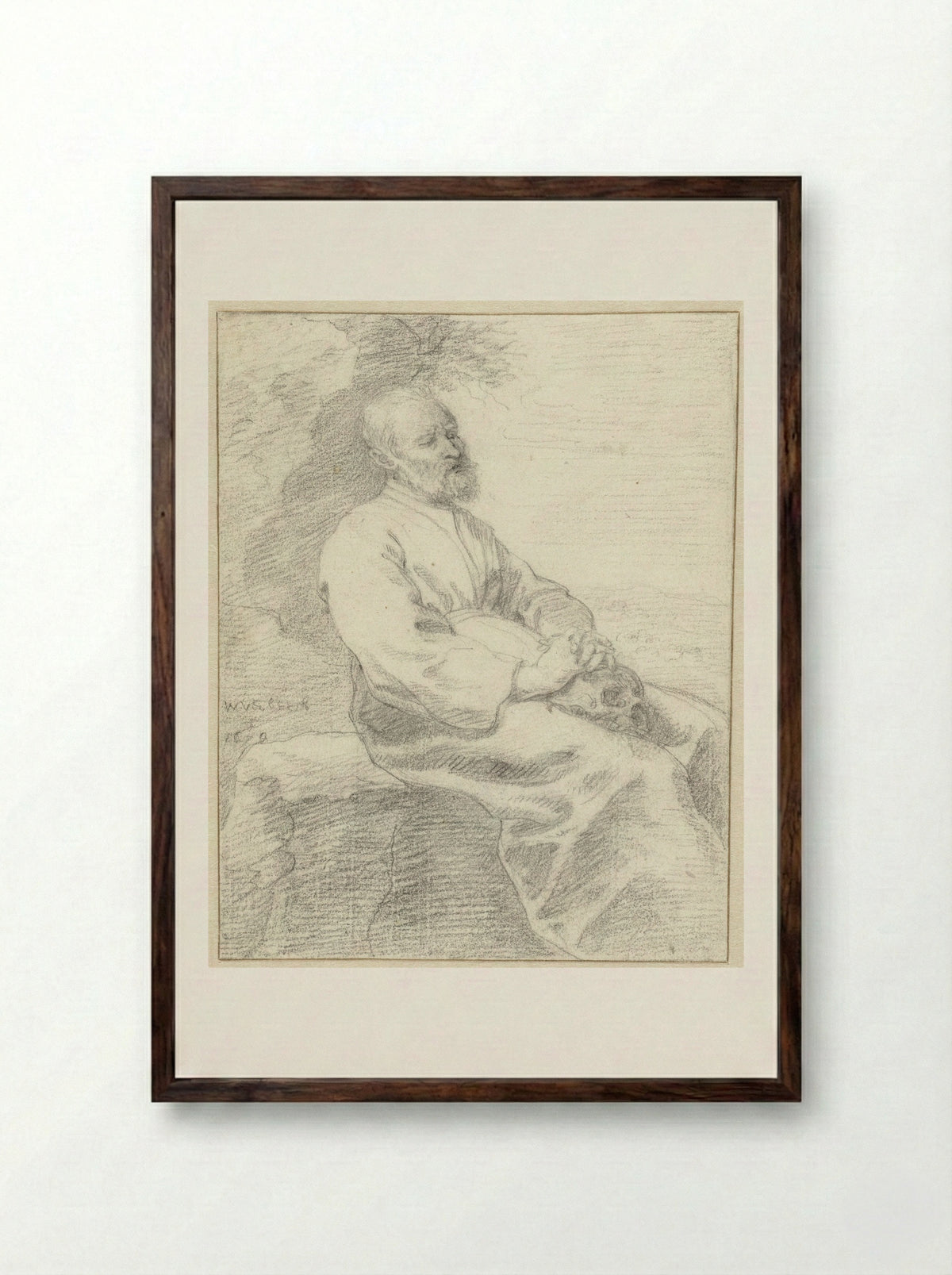 Zittende kluizenaar met op zijn schoot een schedel - W. Verbeeck - Framed Print Dark Wood