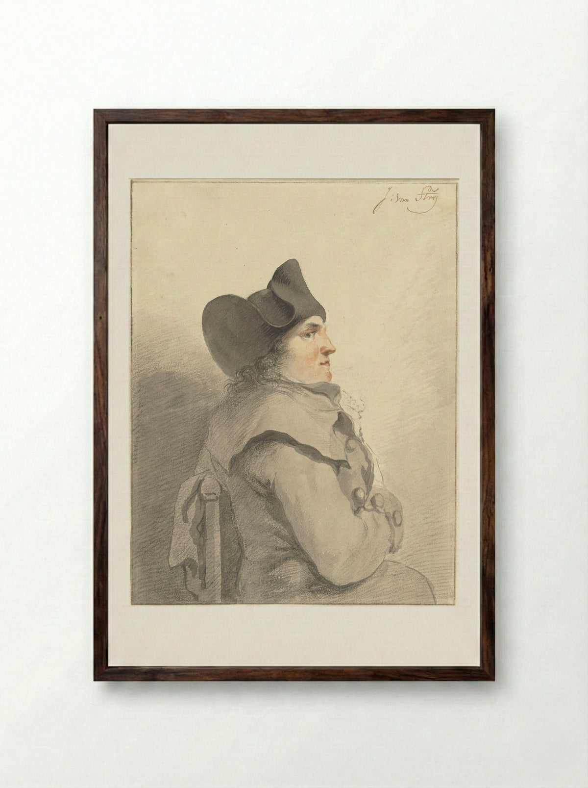 Zittende man met zwarte steek, in profiel, naar rechts - Jacob van Strij - Framed Print Dark Wood