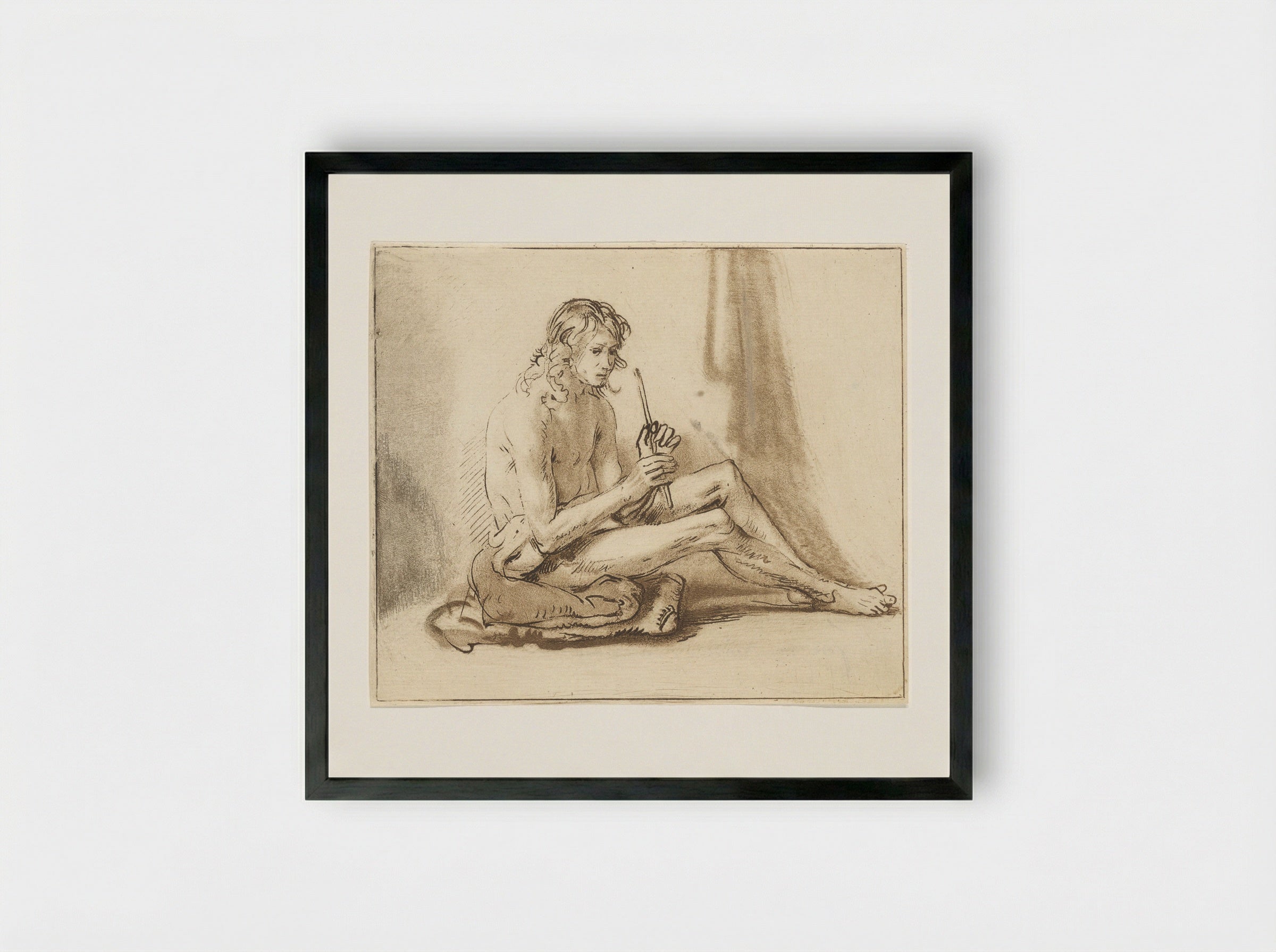 Zittende naakte man met fluit - Cornelis van Noorde - Framed Print Black