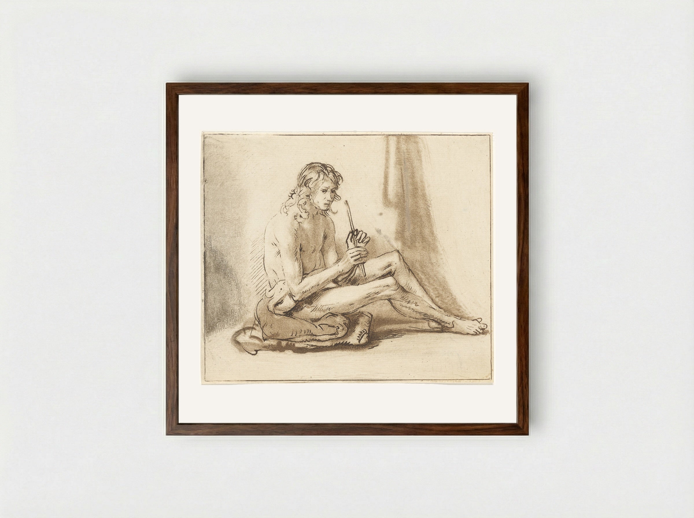 Zittende naakte man met fluit - Cornelis van Noorde - Framed Print Dark Wood