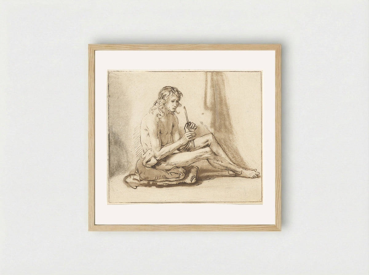 Zittende naakte man met fluit - Cornelis van Noorde - Framed Print Wood