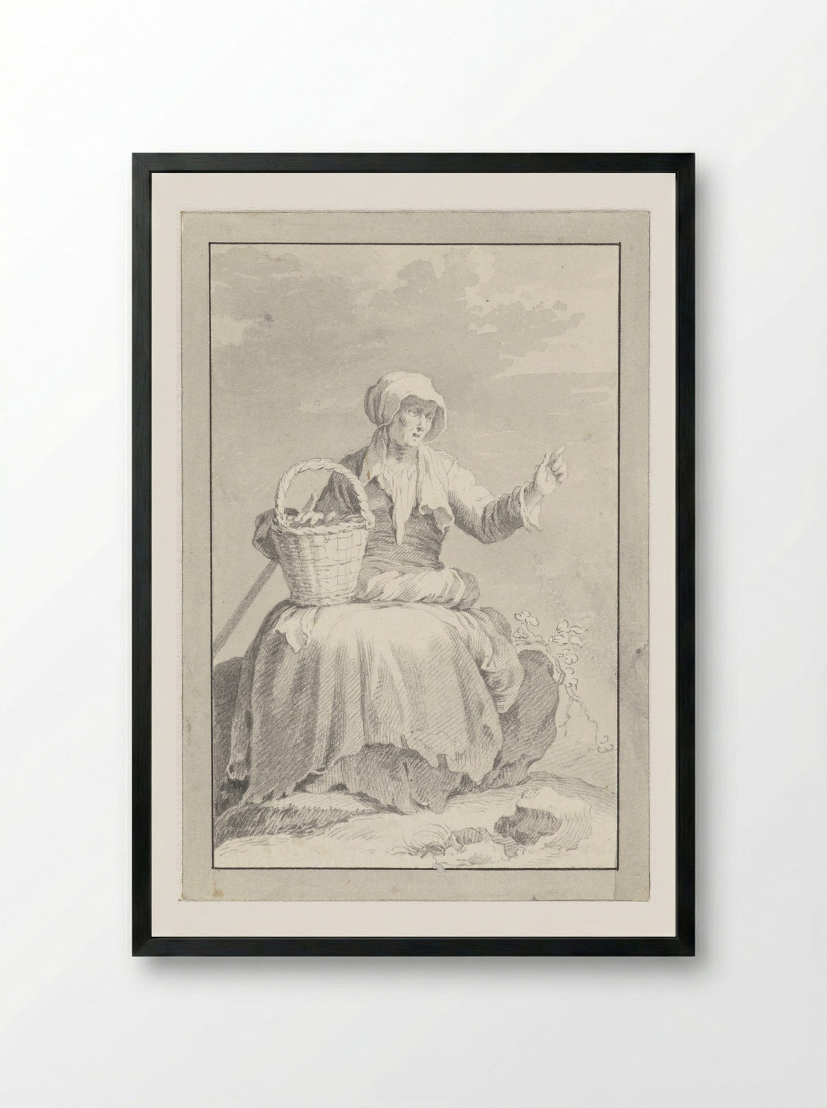 Zittende oude vrouw met geheven hand - Cornelis Pronk - Framed Print Black