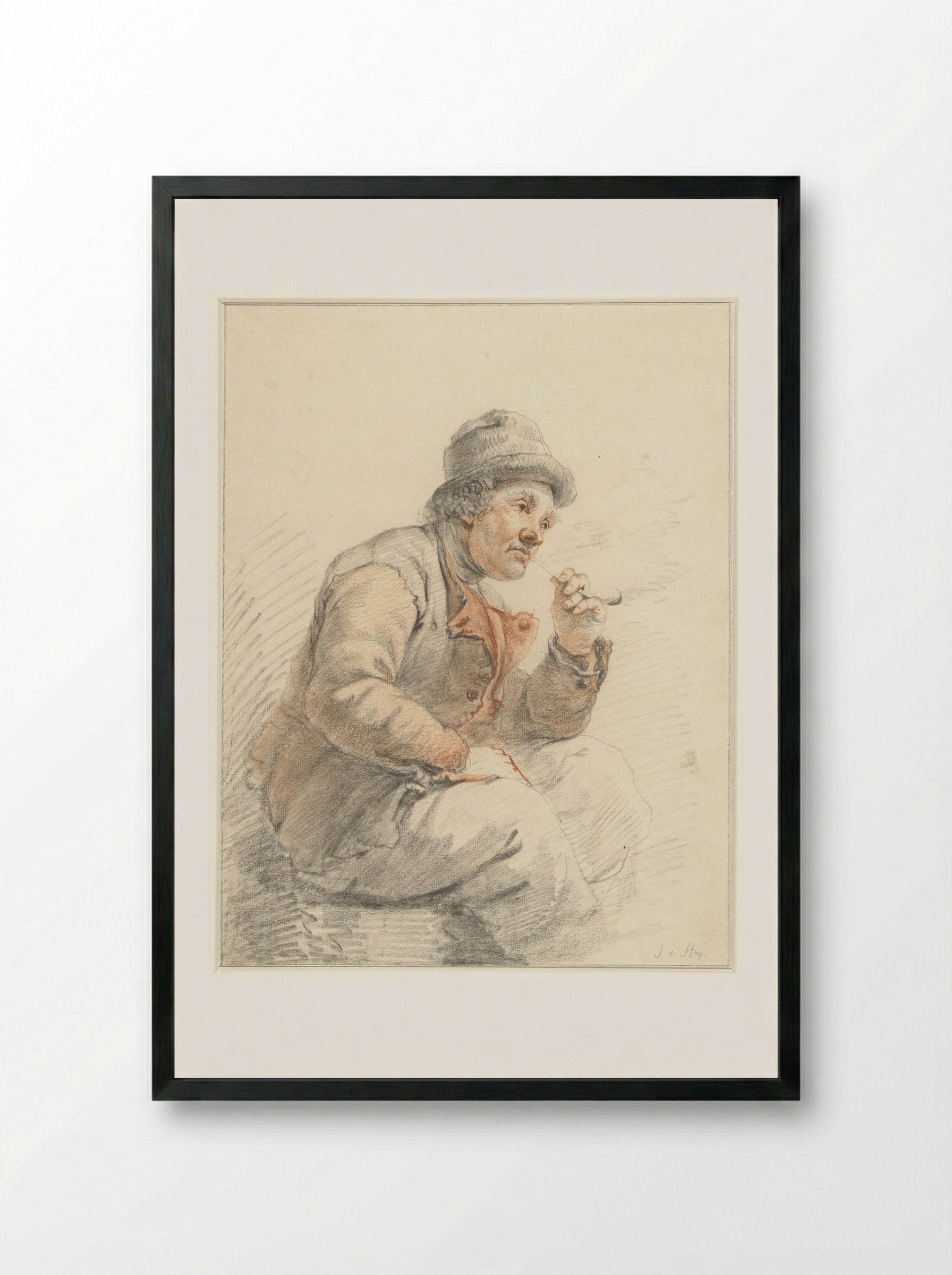 Zittende, pijprokende boer - Jacob van Strij - Framed Print Black