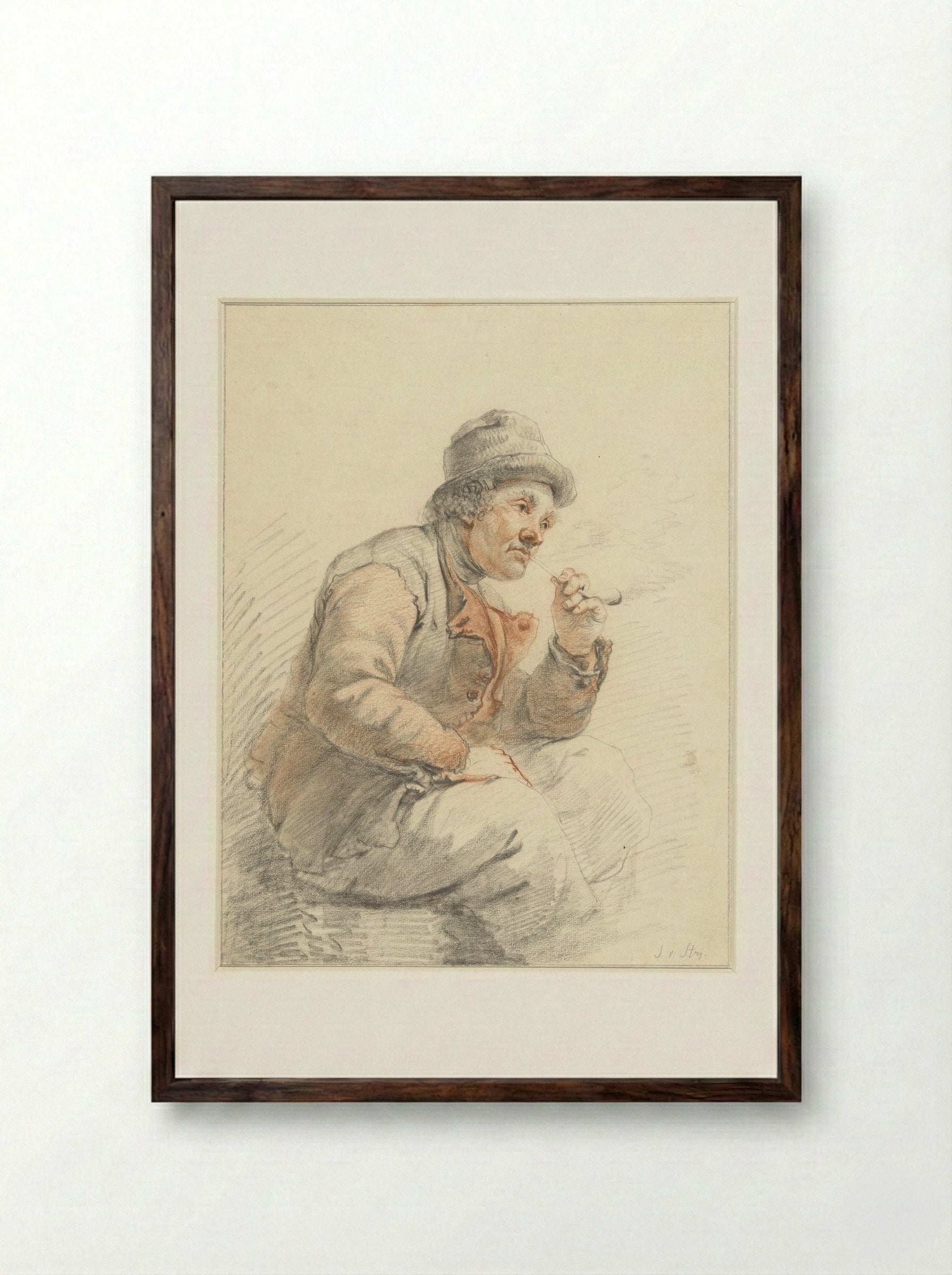 Zittende, pijprokende boer - Jacob van Strij - Framed Print Dark Wood