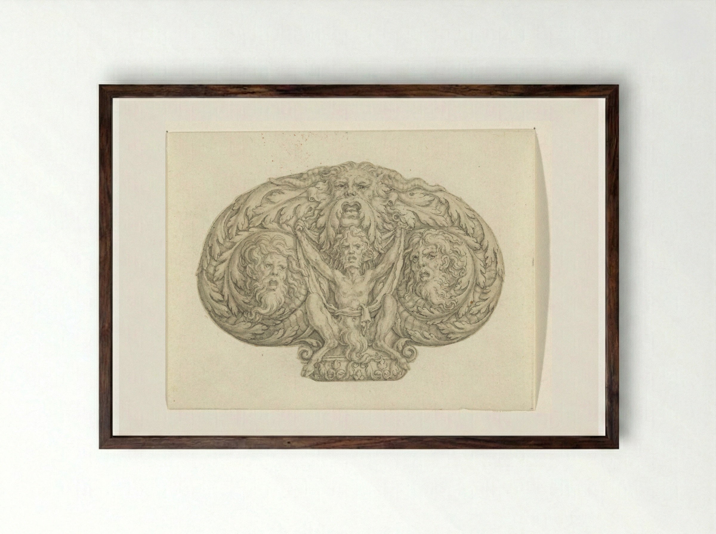 Zittende sater tussen drie koppen en bladmotieven - Heinrich Aldegrever - Framed Print Dark Wood