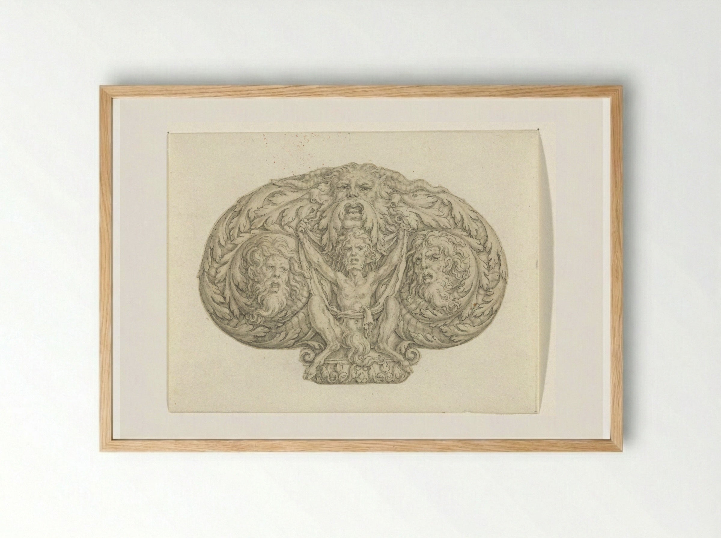 Zittende sater tussen drie koppen en bladmotieven - Heinrich Aldegrever - Framed Print Wood