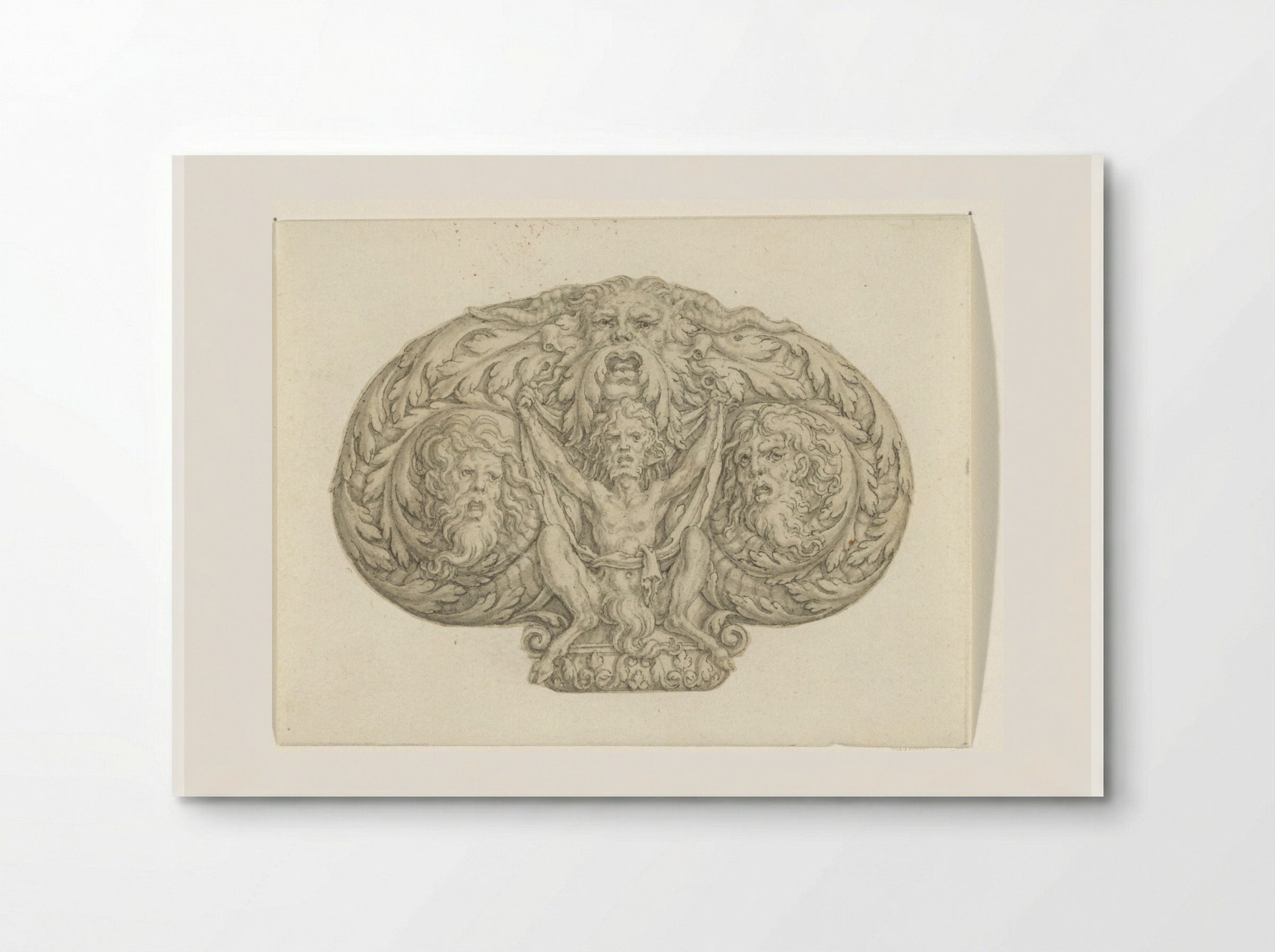 Zittende sater tussen drie koppen en bladmotieven - Heinrich Aldegrever - Poster