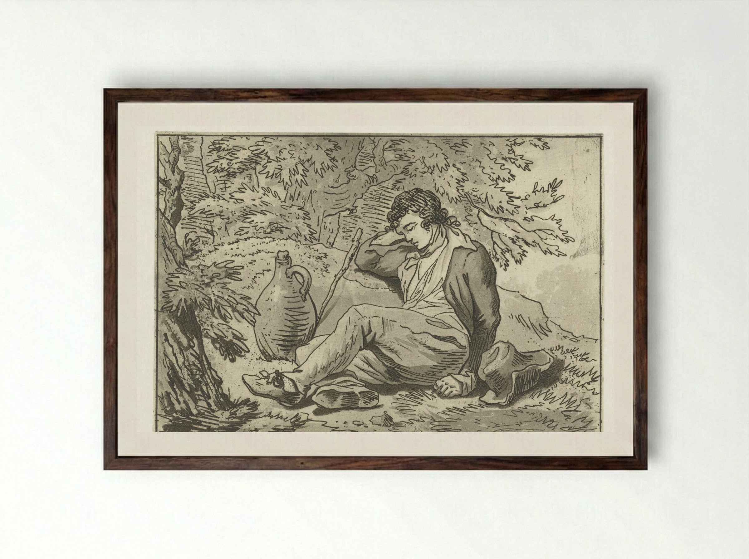 Zittende slapende jongen - Anthonie van den Bos - Framed Print Dark Wood