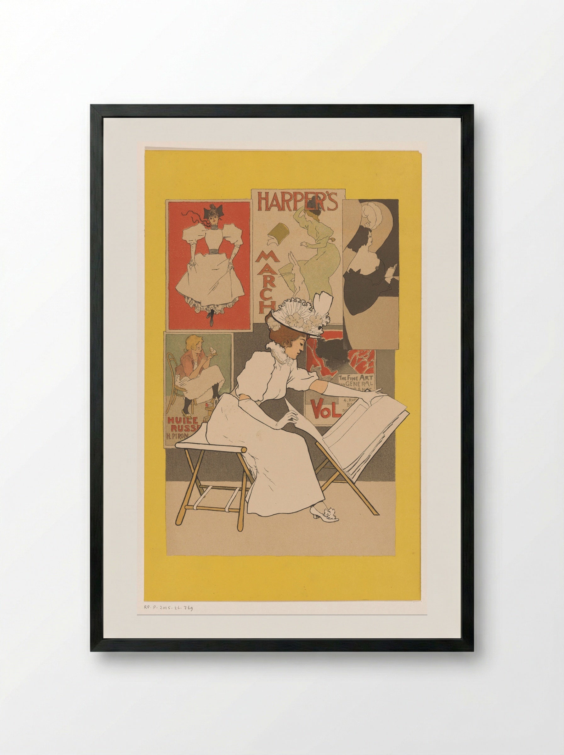 Zittende vrouw bekijkt prenten in een prentstandaard - Armand Rassenfosse - Framed Print Black