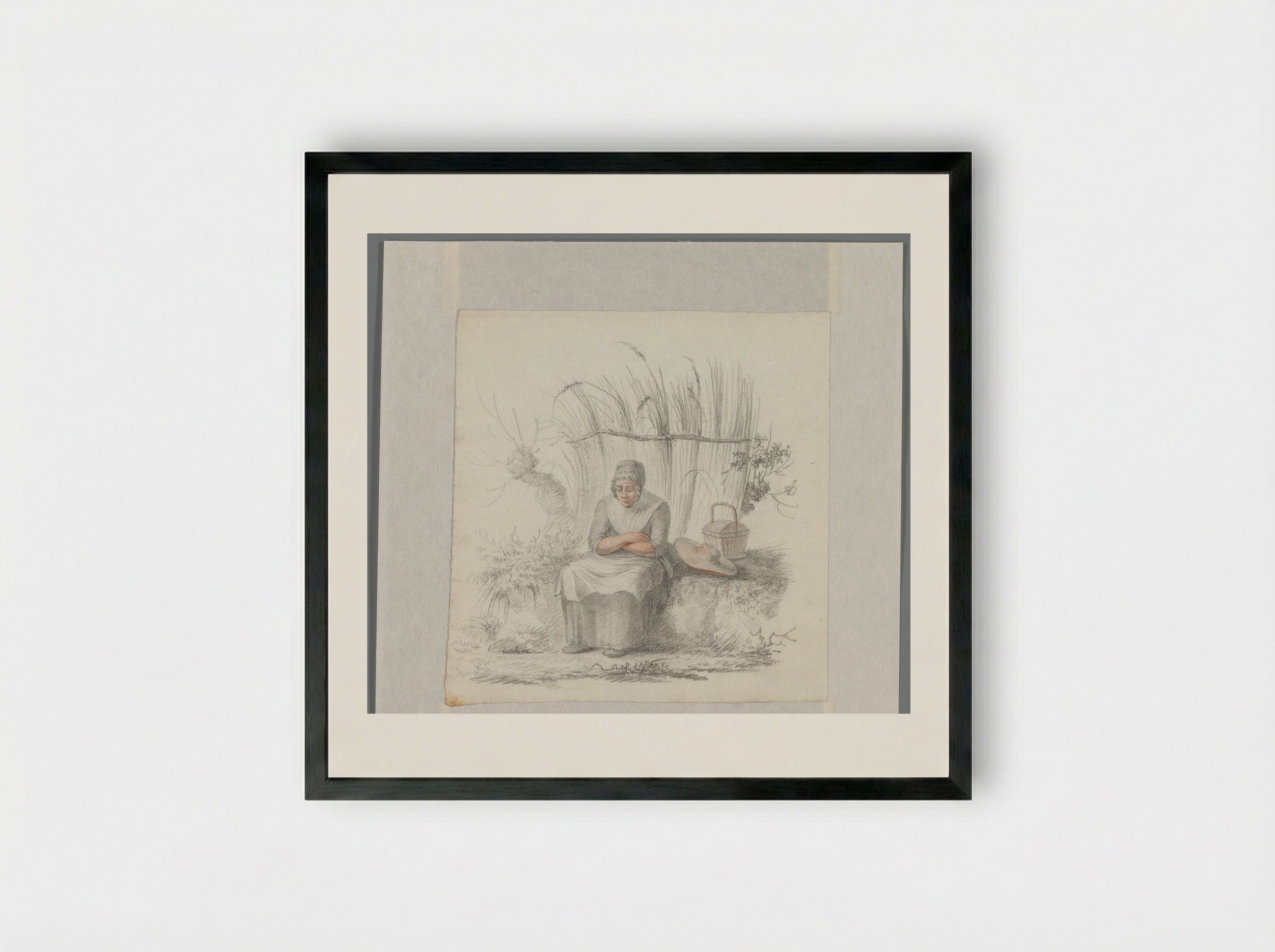 Zittende vrouw in een landschap - Johannes van Reijn - Framed Print Black