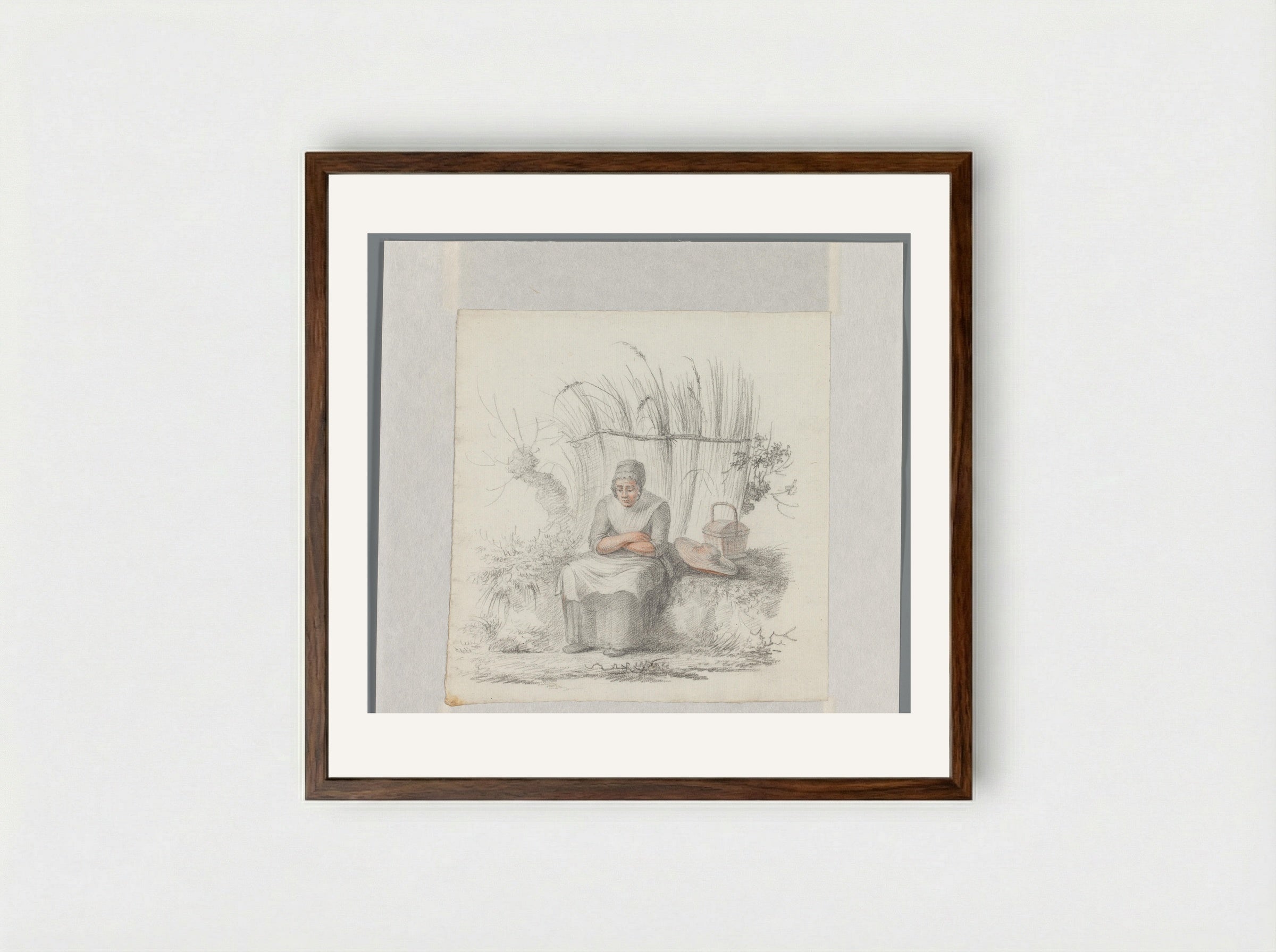 Zittende vrouw in een landschap - Johannes van Reijn - Framed Print Dark Wood