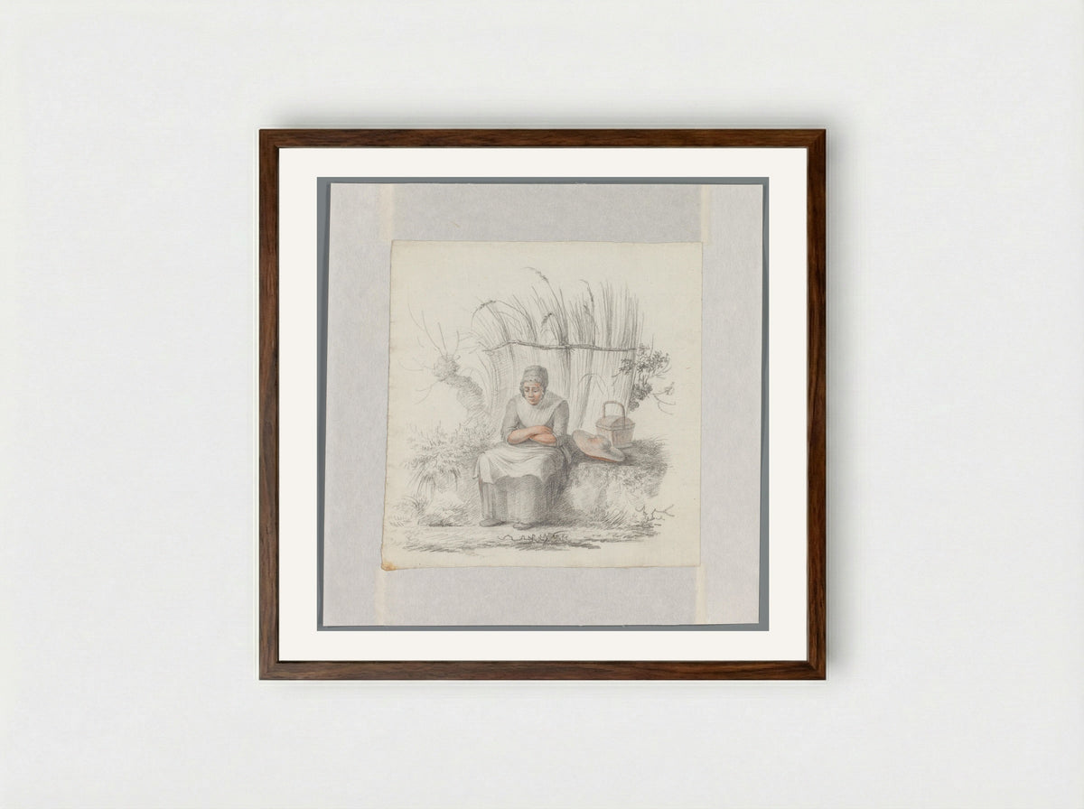 Zittende vrouw in een landschap - Johannes van Reijn - Framed Print Dark Wood