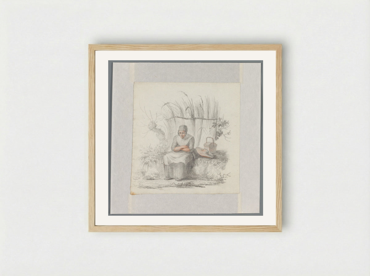 Zittende vrouw in een landschap - Johannes van Reijn - Framed Print Wood