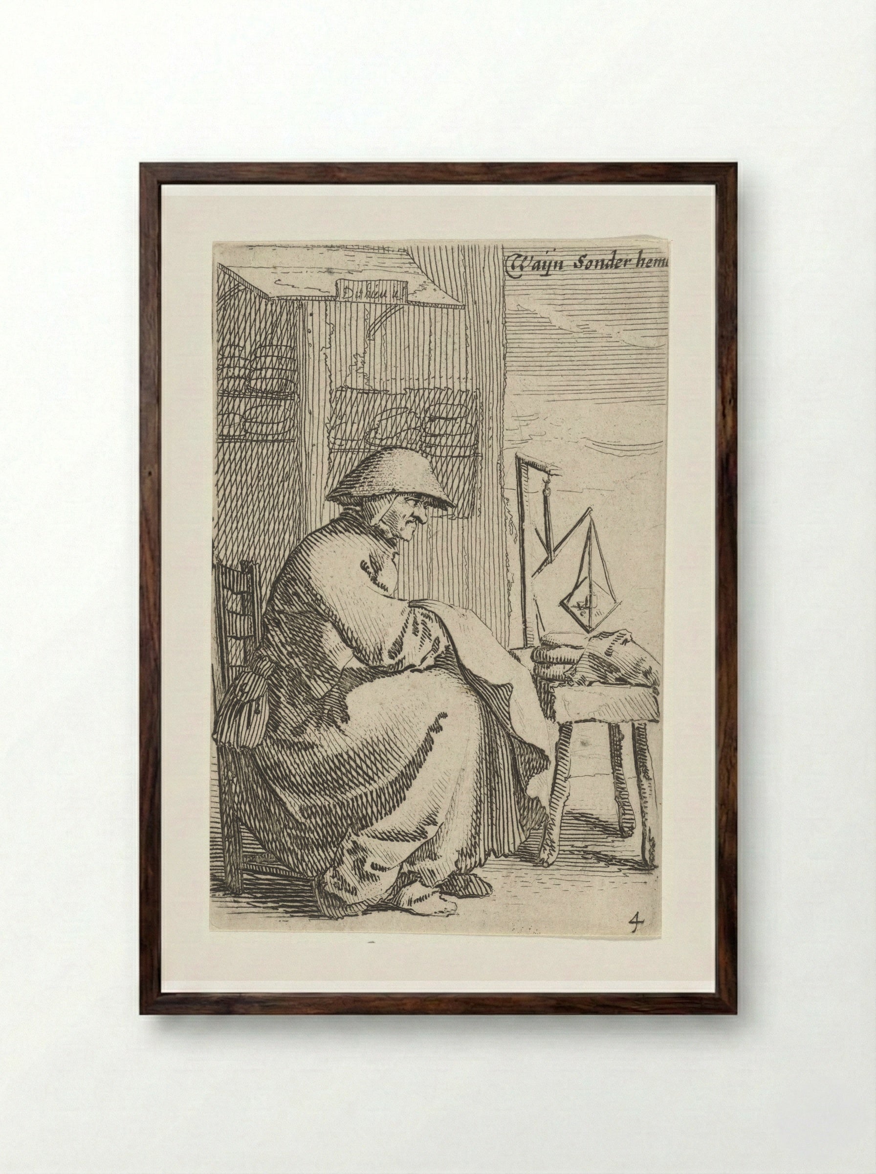 Zittende vrouw met doek over haar arm, voor haar staat een weegschaal op een tafeltje - Salomon Savery - Framed Print Dark Wood