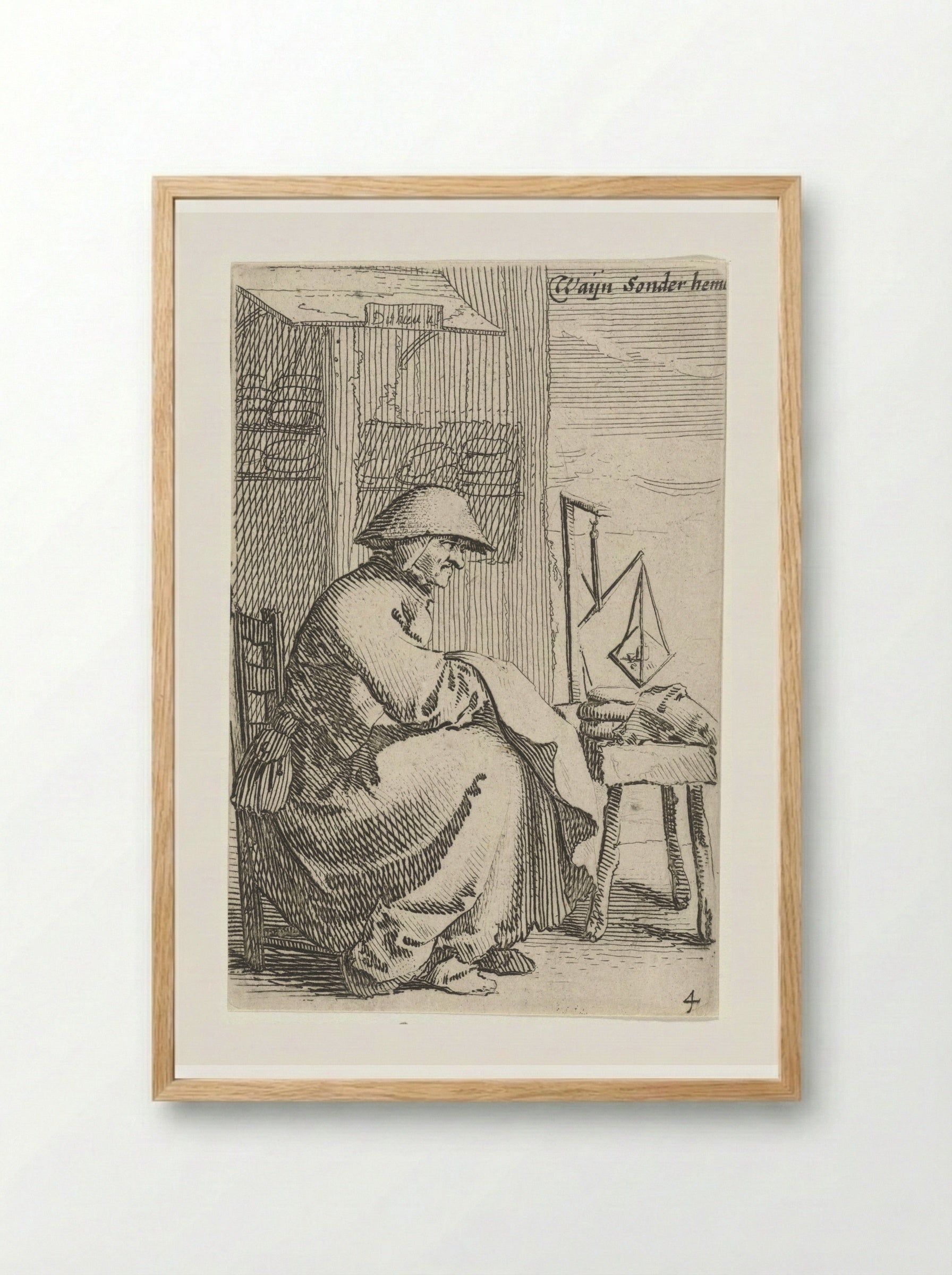 Zittende vrouw met doek over haar arm, voor haar staat een weegschaal op een tafeltje - Salomon Savery - Framed Print Wood