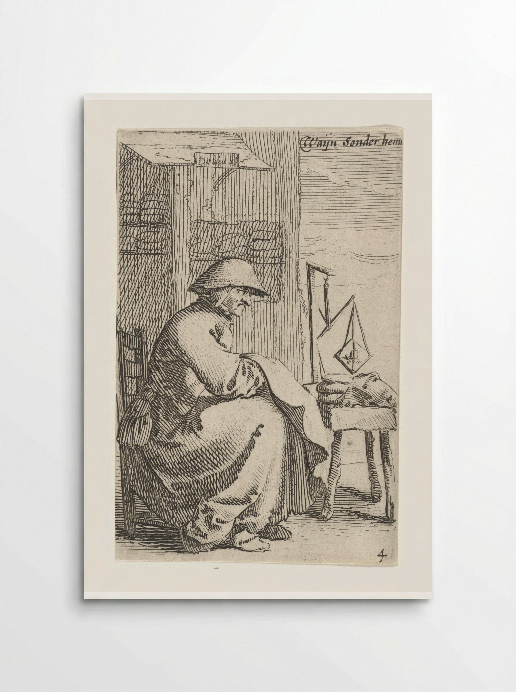 Zittende vrouw met doek over haar arm, voor haar staat een weegschaal op een tafeltje - Salomon Savery - Poster