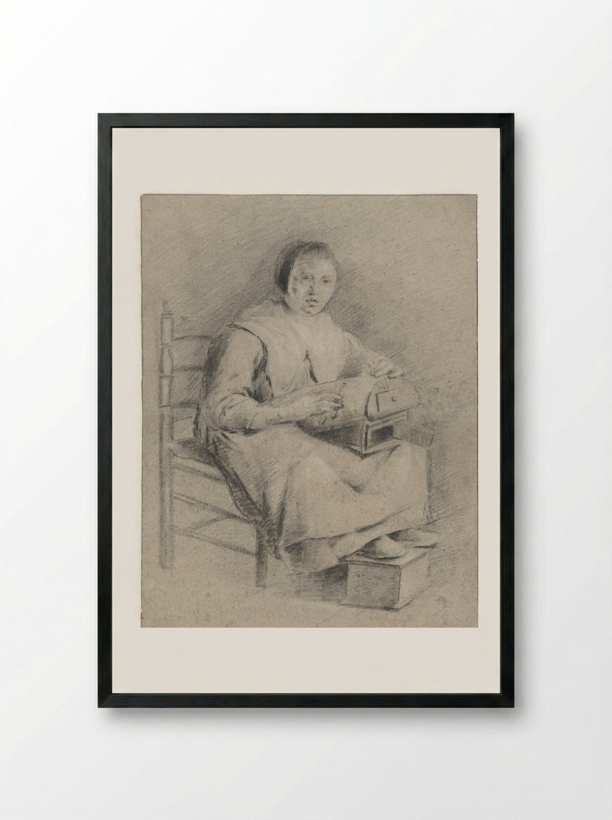 Zittende vrouw met kloskussen op schoot - Quiringh Gerritsz. van Brekelenkam - Framed Print Black