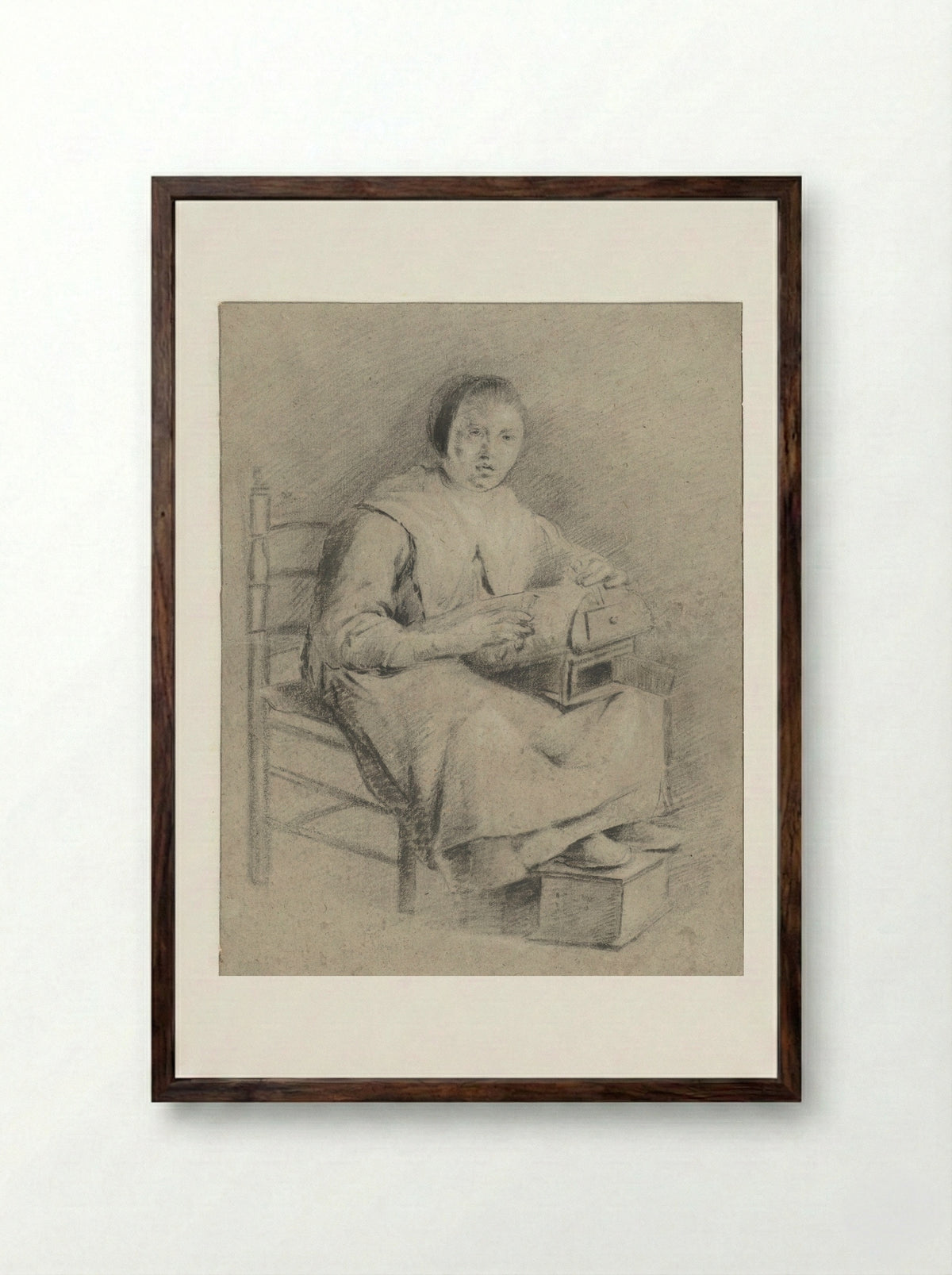 Zittende vrouw met kloskussen op schoot - Quiringh Gerritsz. van Brekelenkam - Framed Print Dark Wood