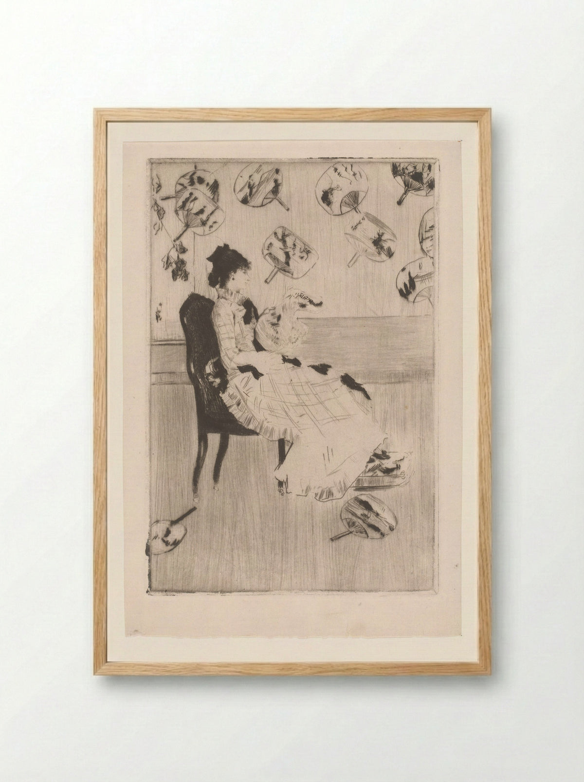 Zittende vrouw, omringd door Japanse waaiers - Norbert Goeneutte - Framed Print Wood