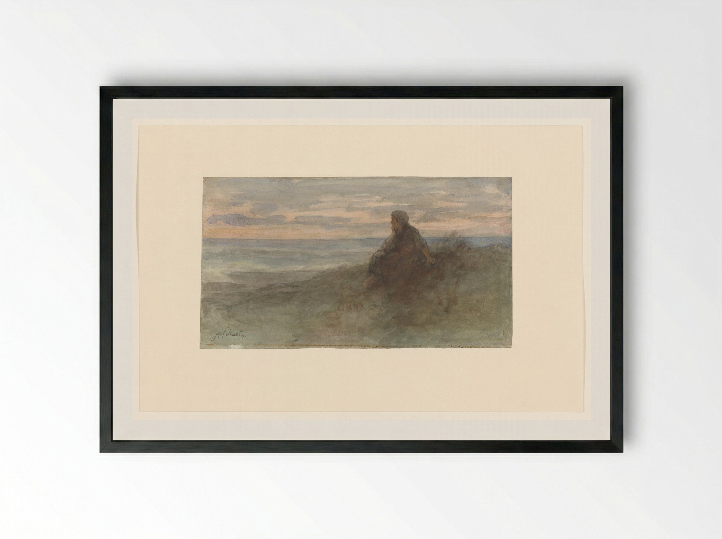 Zittende vrouw op een duin bij zee - Jozef Israëls - Framed Print Black