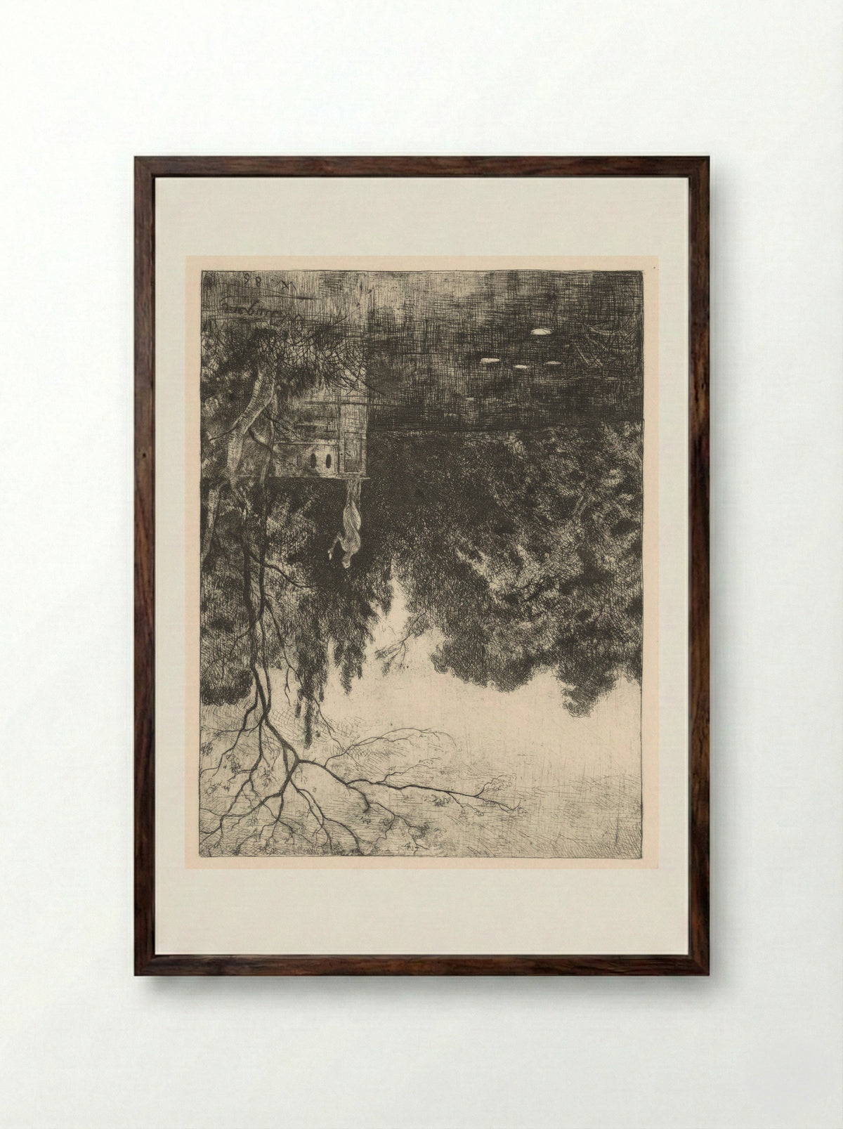 Zomeravond in park met vijver - Weimarer Radierverein - Framed Print Dark Wood