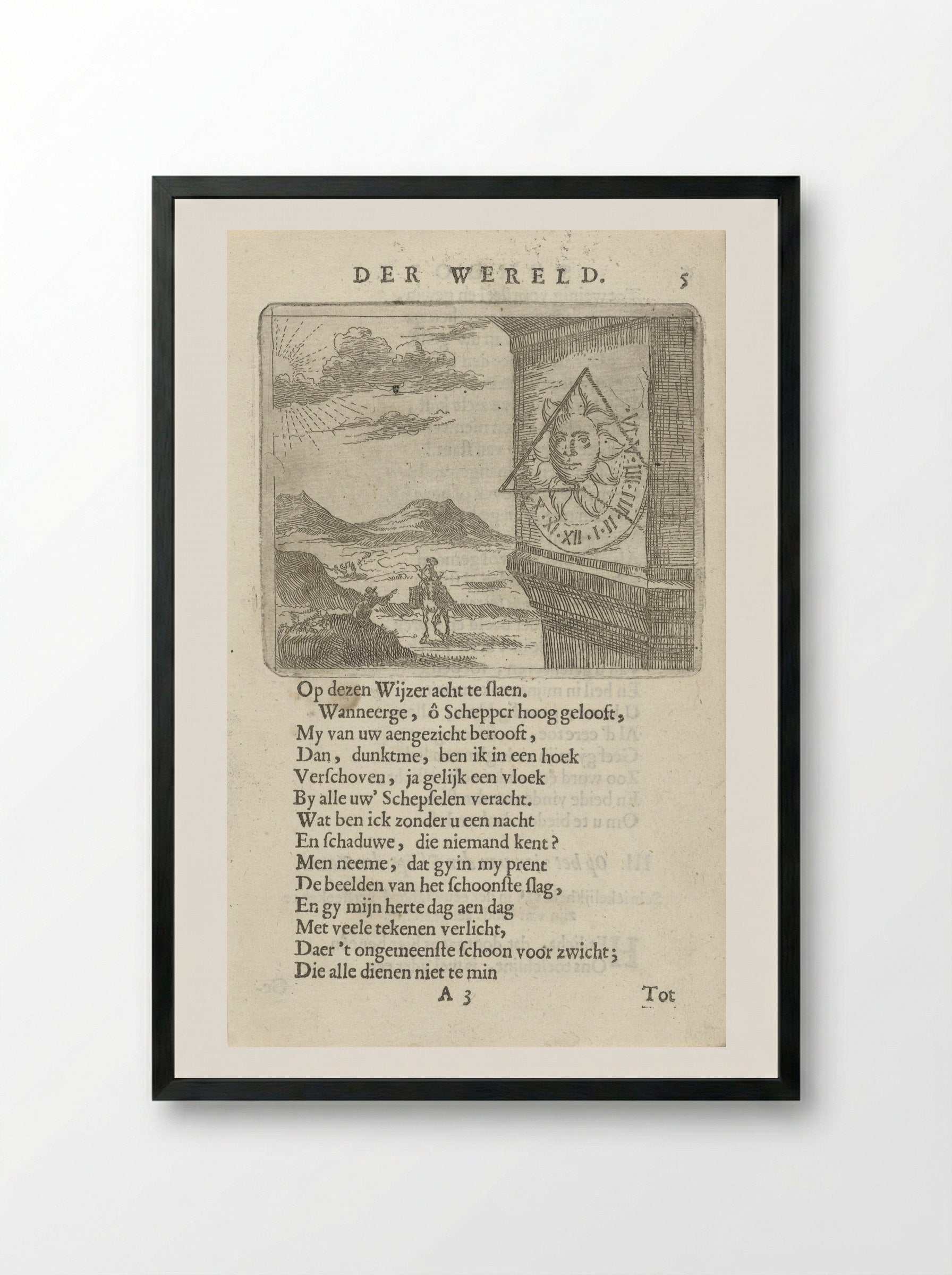 Zonnewijzer in een landschap met twee figuren - Arnold Houbraken - Framed Print Black