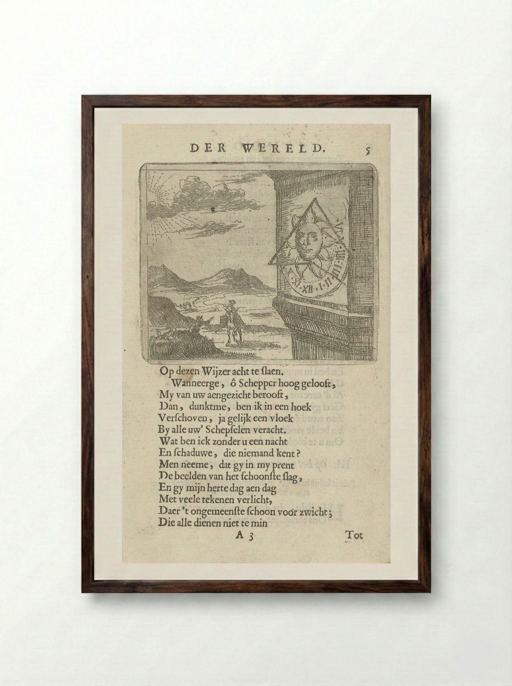 Zonnewijzer in een landschap met twee figuren - Arnold Houbraken - Framed Print Dark Wood