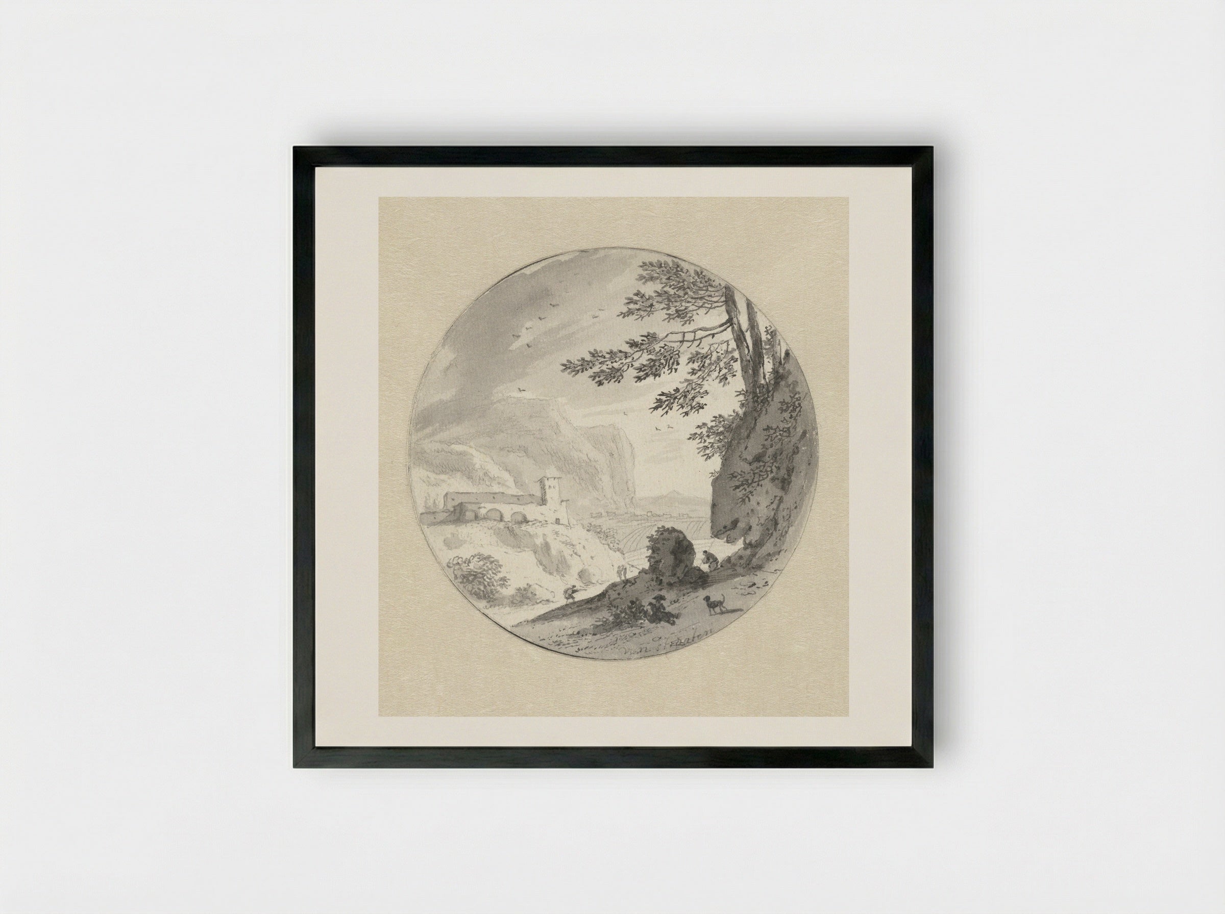 Zuidelijk berglandschap met een klooster in een vallei - Hendrik van der Straaten - Framed Print Black