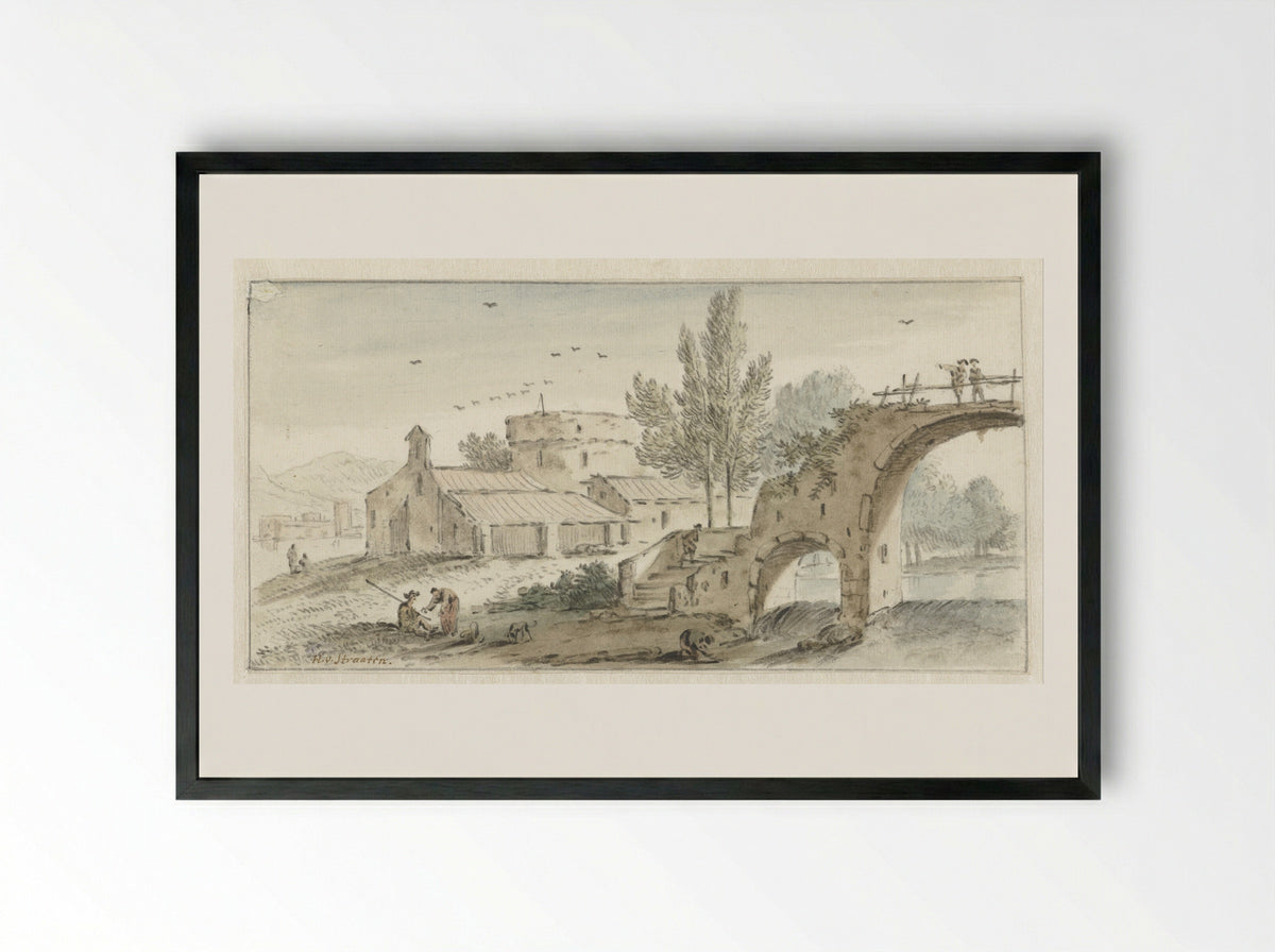 Zuidelijk landschap met een stenen brug - Hendrik van der Straaten - Framed Print Black