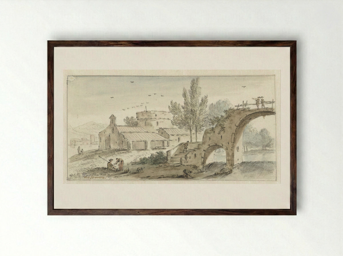 Zuidelijk landschap met een stenen brug - Hendrik van der Straaten - Framed Print Dark Wood