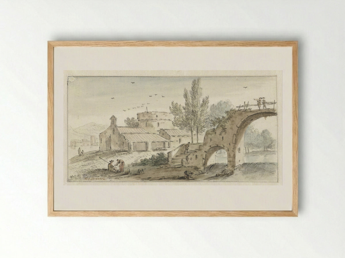 Zuidelijk landschap met een stenen brug - Hendrik van der Straaten - Framed Print Wood