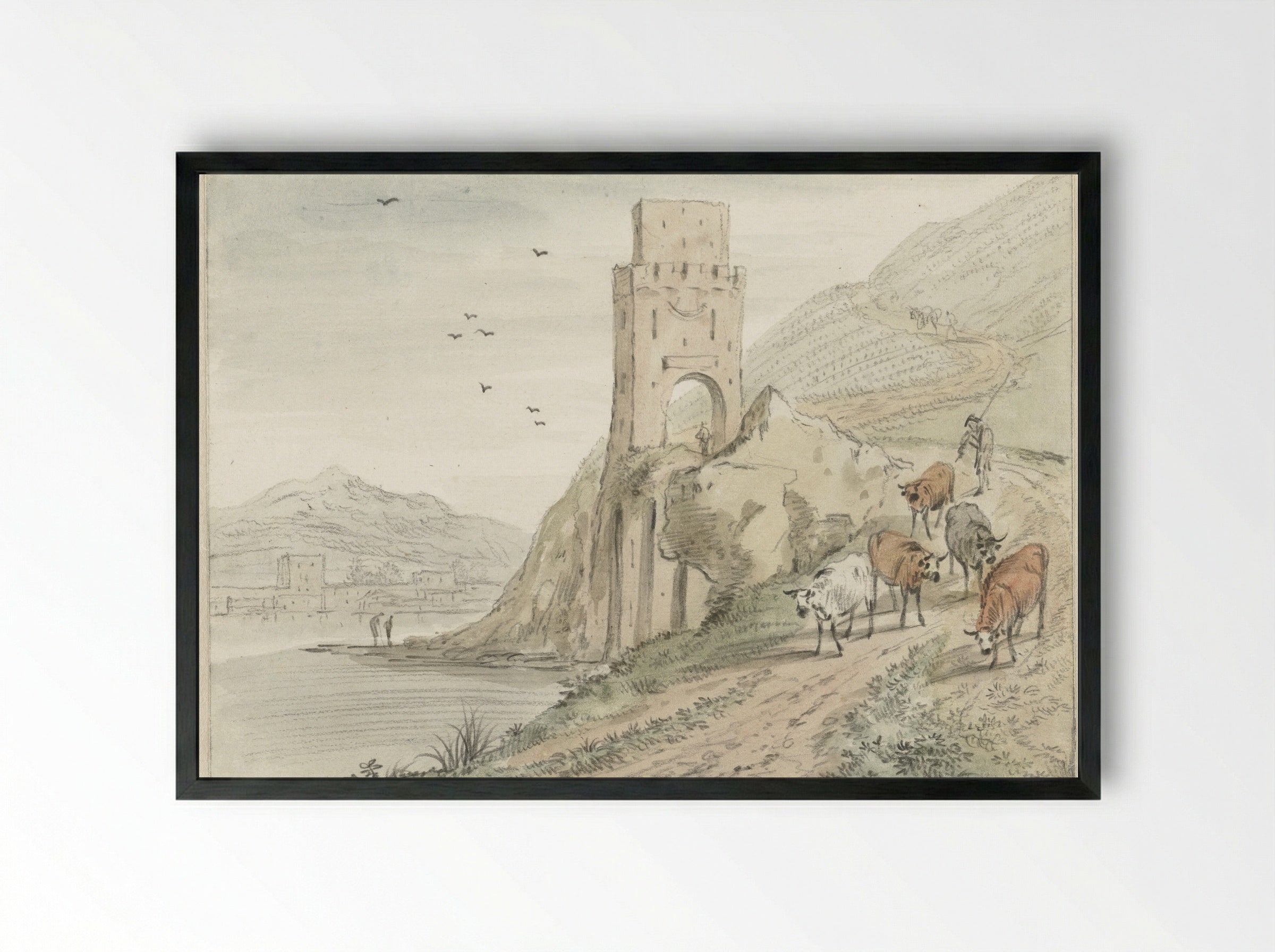 Zuidelijk rivierlandschap met bergen en een poort - Hendrik van der Straaten - Framed Print Black