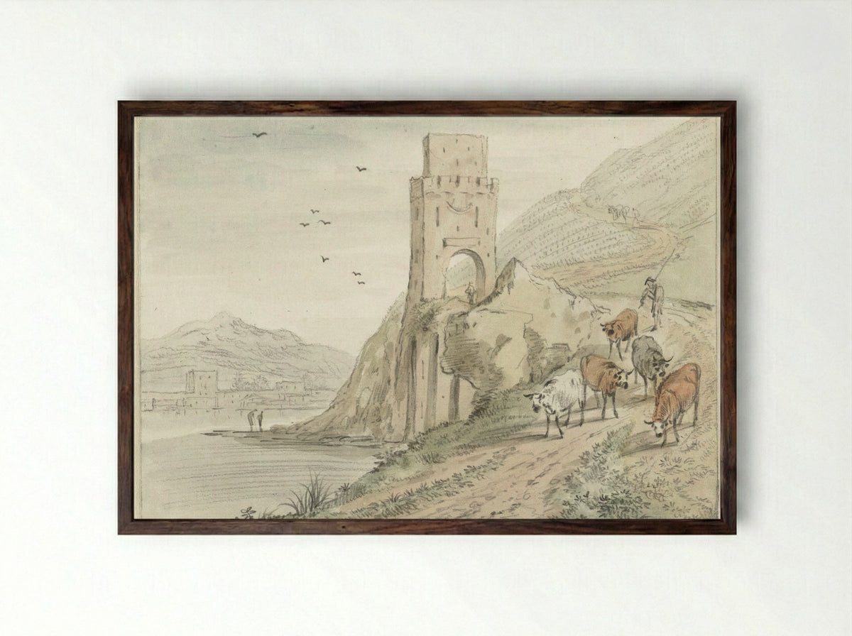 Zuidelijk rivierlandschap met bergen en een poort - Hendrik van der Straaten - Framed Print Dark Wood