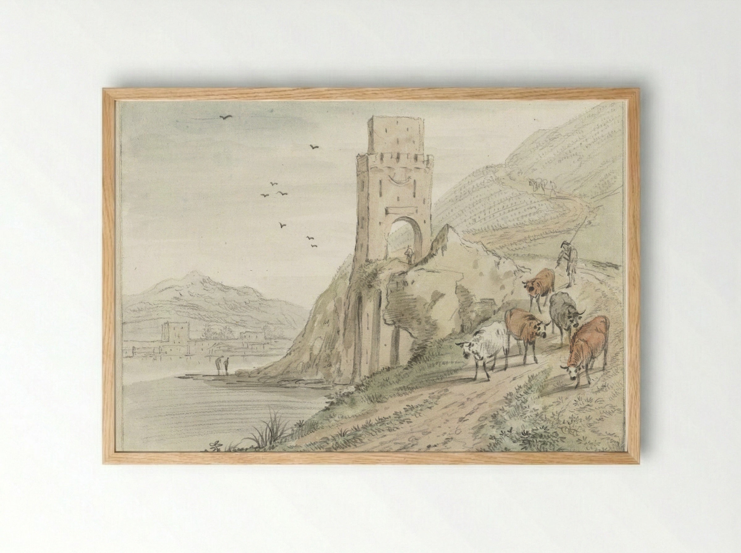 Zuidelijk rivierlandschap met bergen en een poort - Hendrik van der Straaten - Framed Print Wood