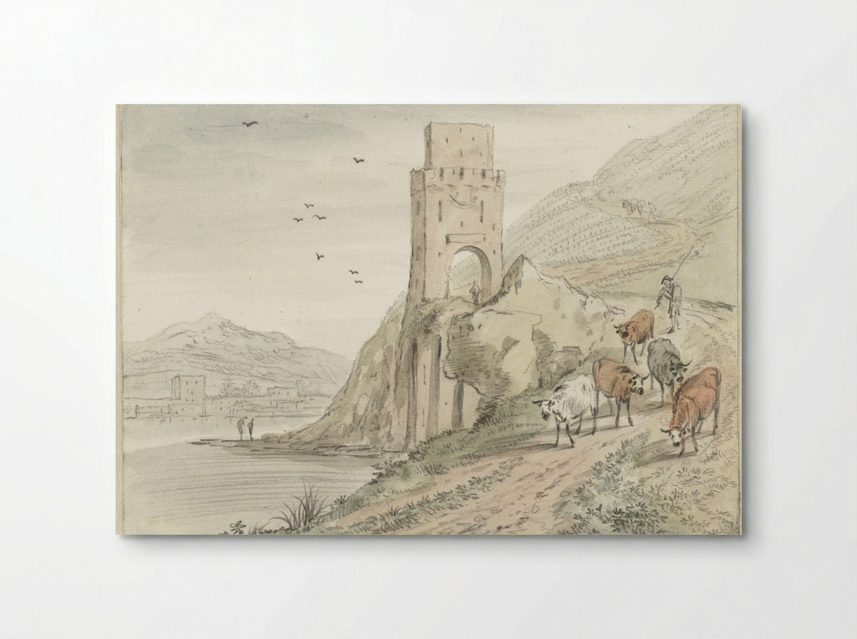 Zuidelijk rivierlandschap met bergen en een poort - Hendrik van der Straaten - Poster