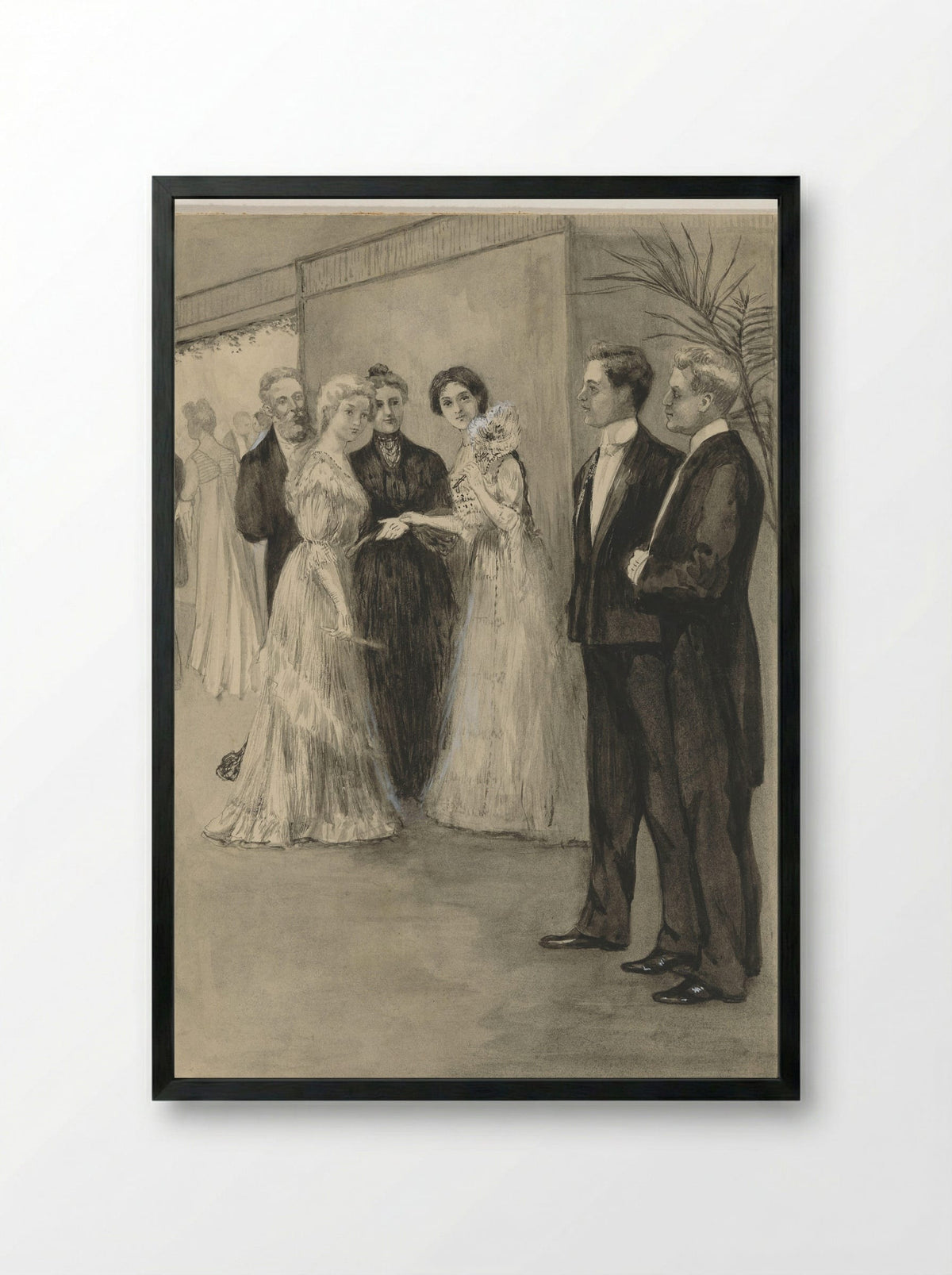 Zusjes in avondkleding bekijken twee jongemannen - Anna Maria Kruijff - Framed Print Black