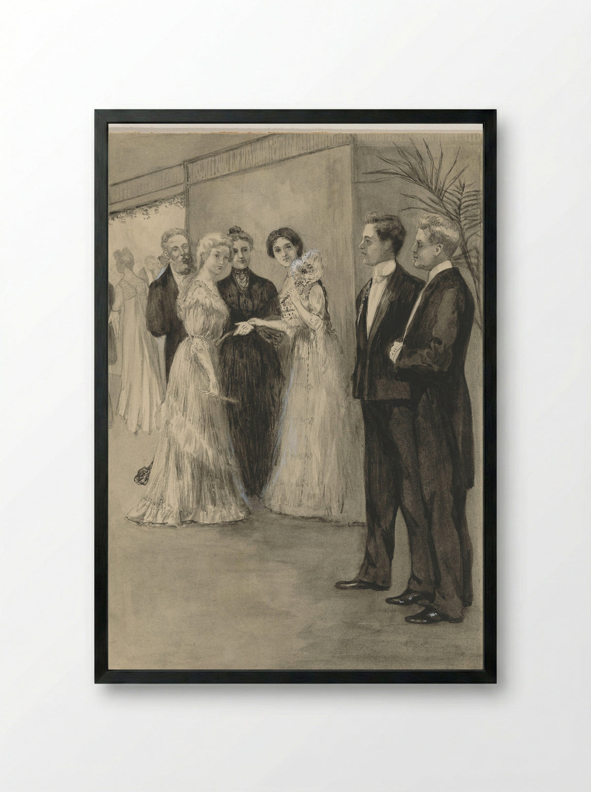 Zusjes in avondkleding bekijken twee jongemannen - Anna Maria Kruijff - Framed Print Black