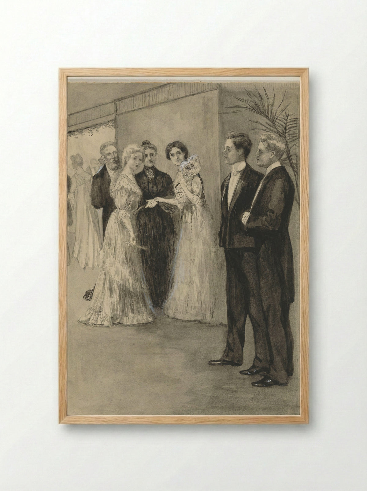 Zusjes in avondkleding bekijken twee jongemannen - Anna Maria Kruijff - Framed Print Wood