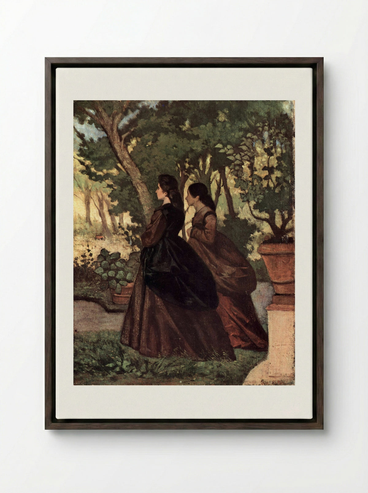 Zwei Damen im Garten von Castiglioncello - Giovanni Fattori - Framed Canvas Dark Wood