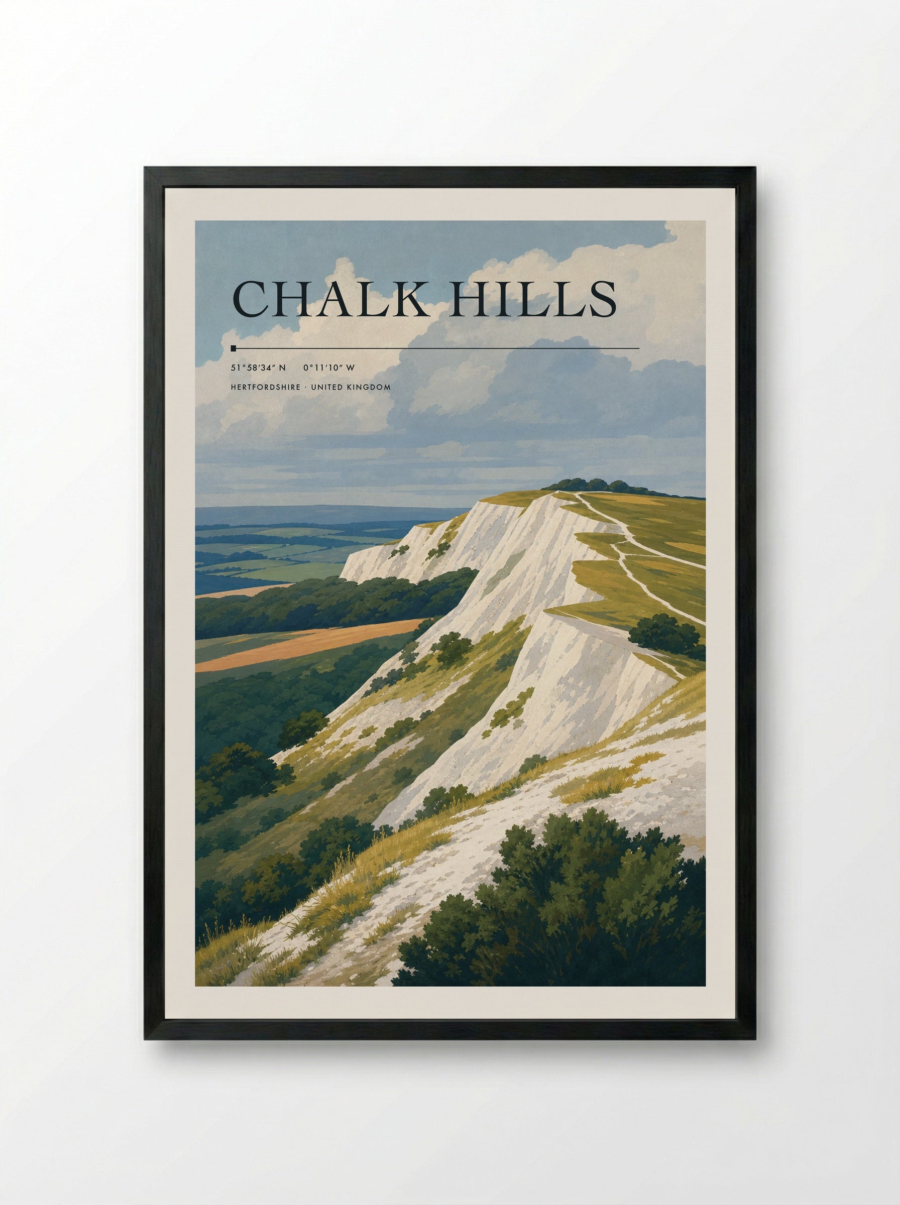 chalk hills Hertfordshire United Kingdom Travel Poster - Framed Print Black